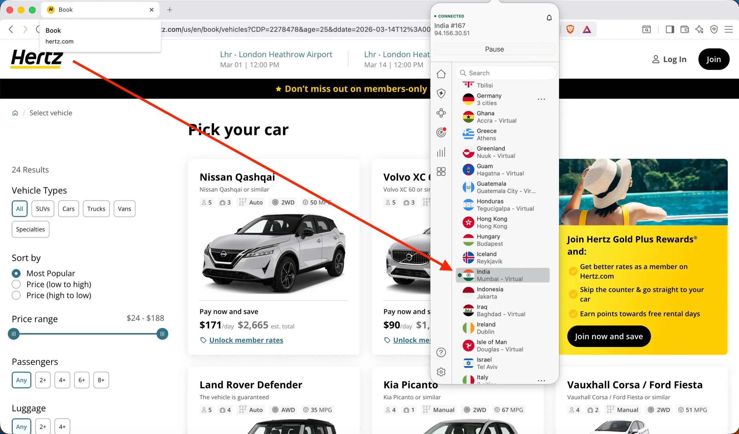Změna IP adresy u Hertz na Indii a levnější ceny u autopůjčovny | Venclíkovi.cz Změna IP adresy přes VPN na Indii během rezervace auta na Hertz.com ukazuje nižší ceny za půjčení vozu.