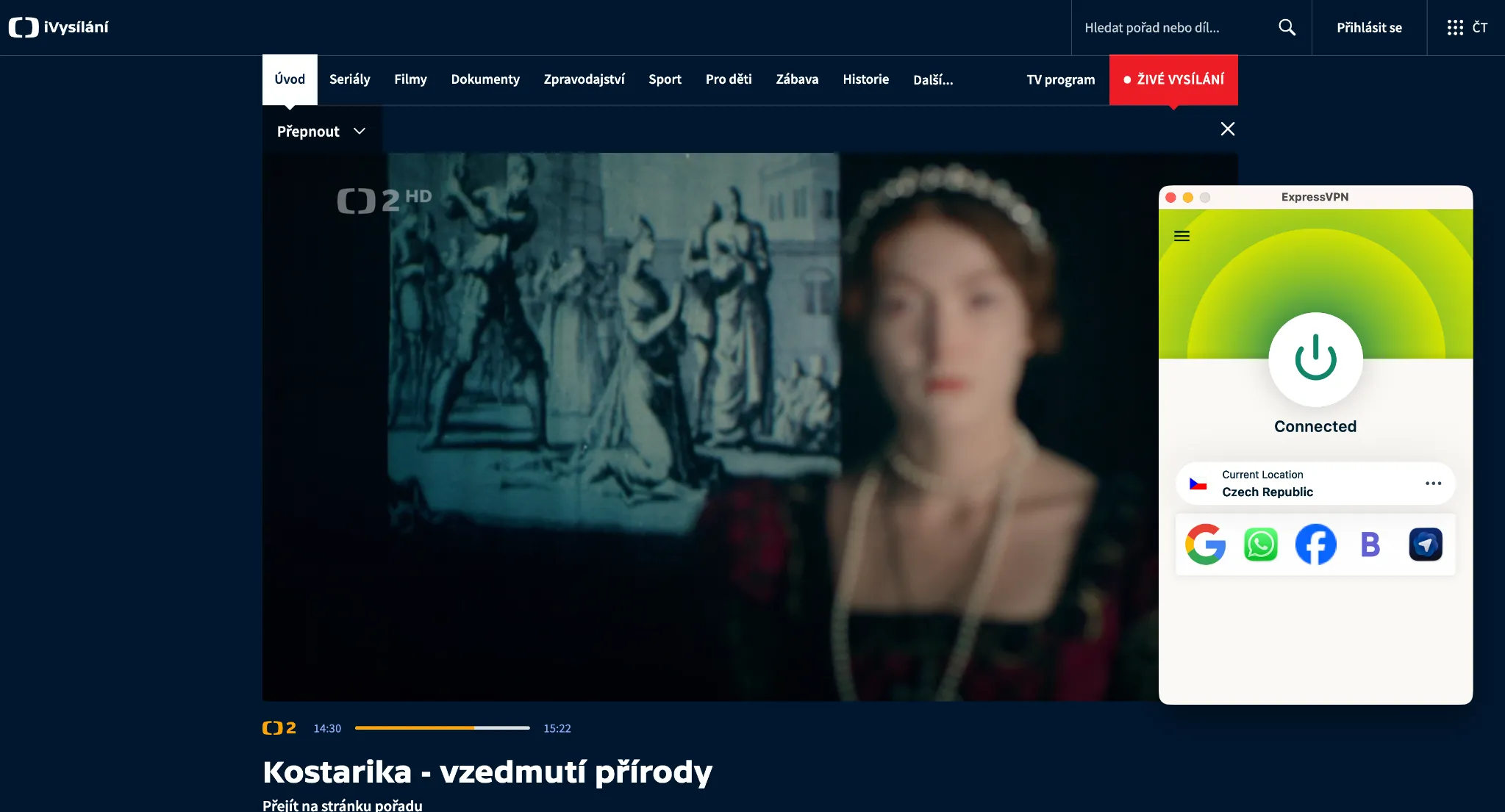 ct2-zahranici-expressvpn | Venclíkovi.cz ExpressVPN připojený na český server během sledování ČT2