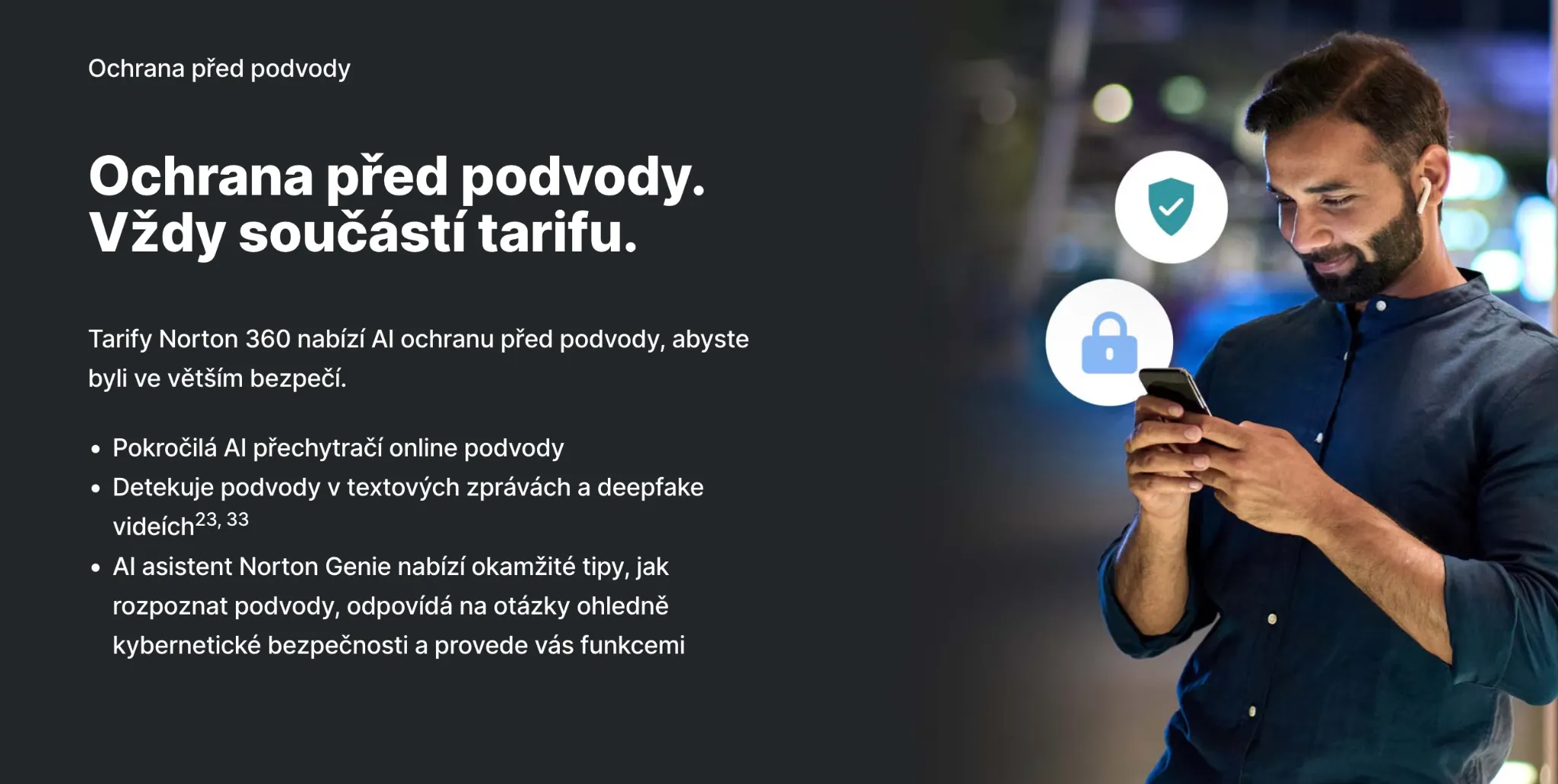 norton-360-genie-ochrana | Venclíkovi.cz Muž s mobilem čelící online podvodům, zobrazení bezpečnostních ikon
