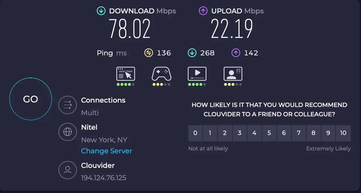 Amerika - New York - rychlost internetu přes VPN server od Nord | Venclíkovi.cz Speedtest NordVPN New York – download 78,02 Mbps, ping 136 ms