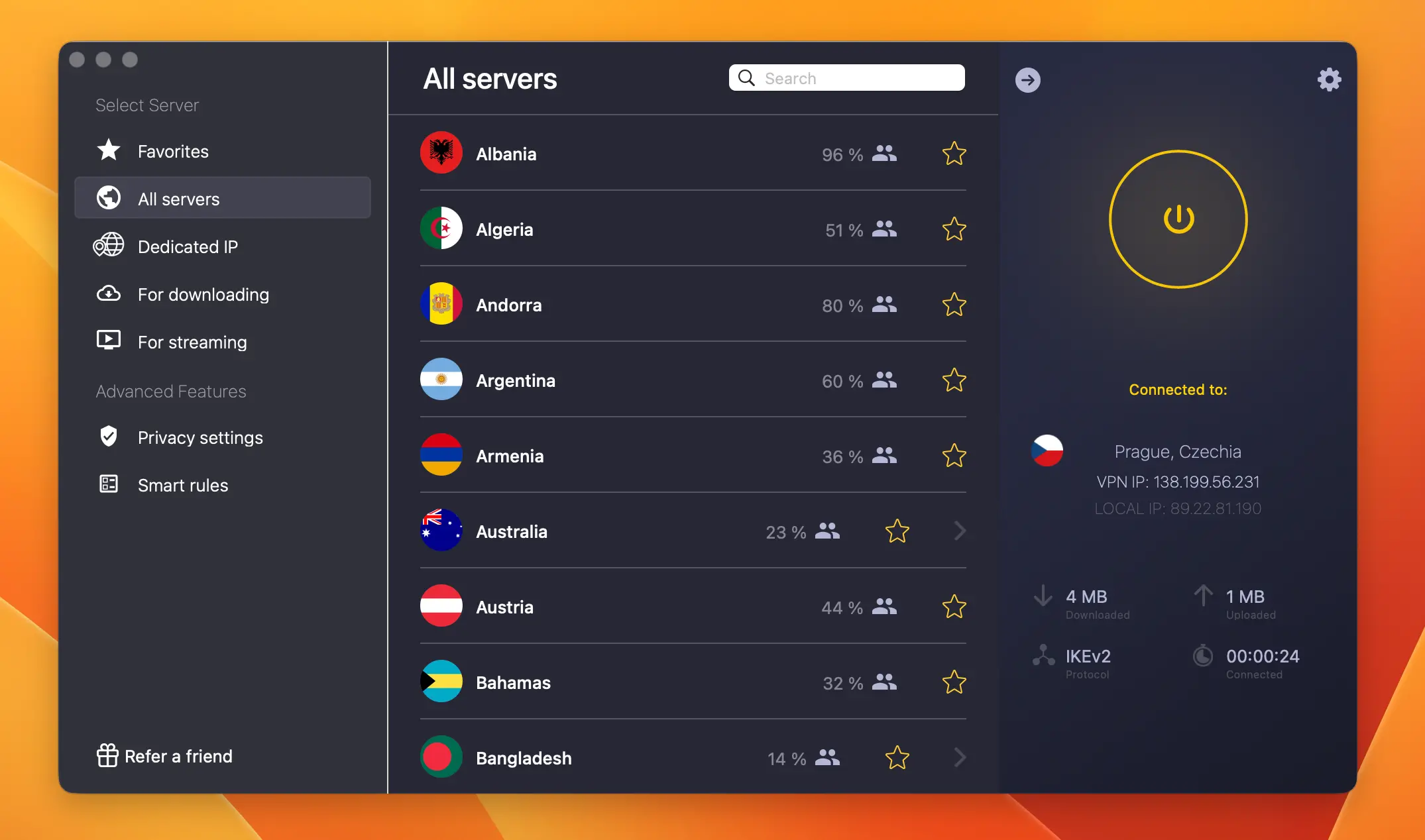 CyberGhost VPN připojena na český server | Venclíkovi.cz CyberGhost VPN aplikace na macOS se seznamem serverů a připojením k českému serveru Prague, Czech Republic