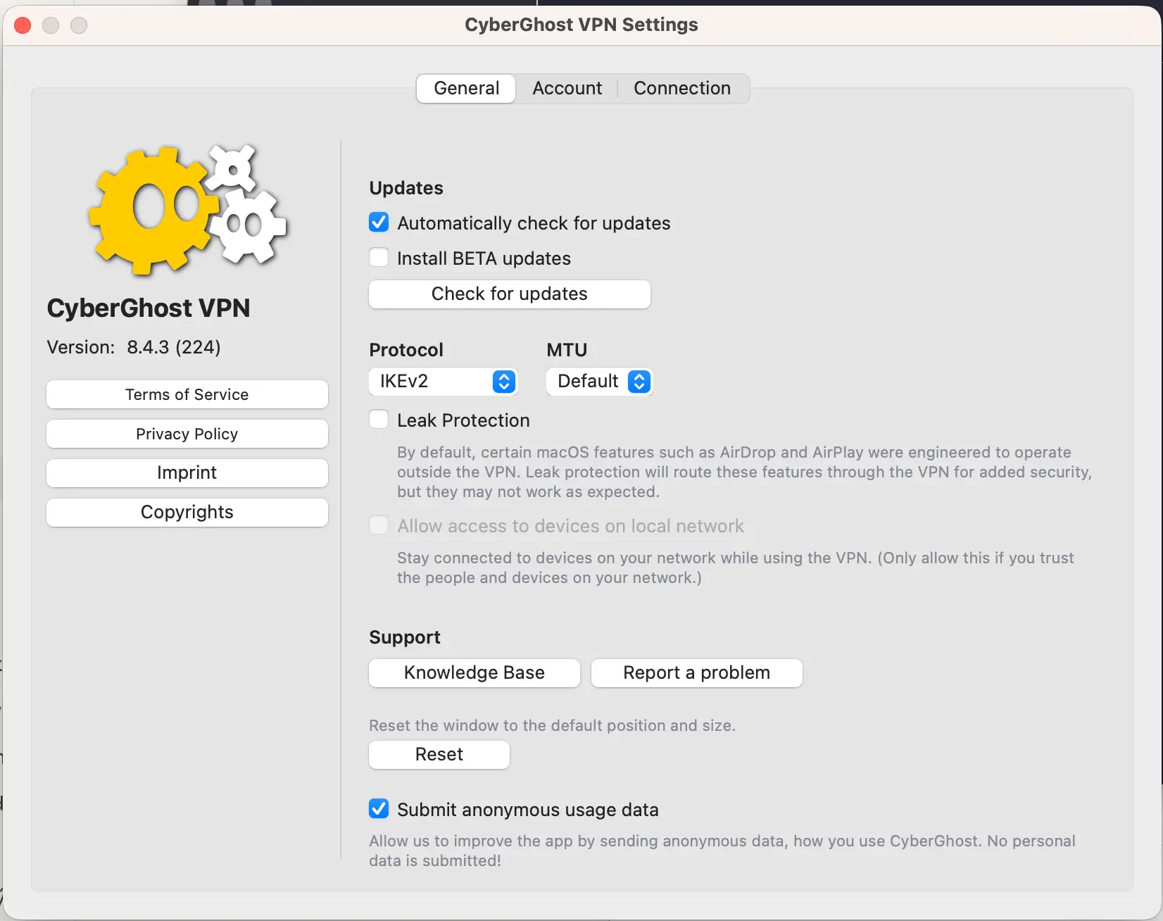 CyberGhost_00_nastaveni_protokol_IKEv2 | Venclíkovi.cz Nastavení CyberGhost VPN na macOS s aktivním protokolem IKEv2 a zapnutou kontrolou aktualizací