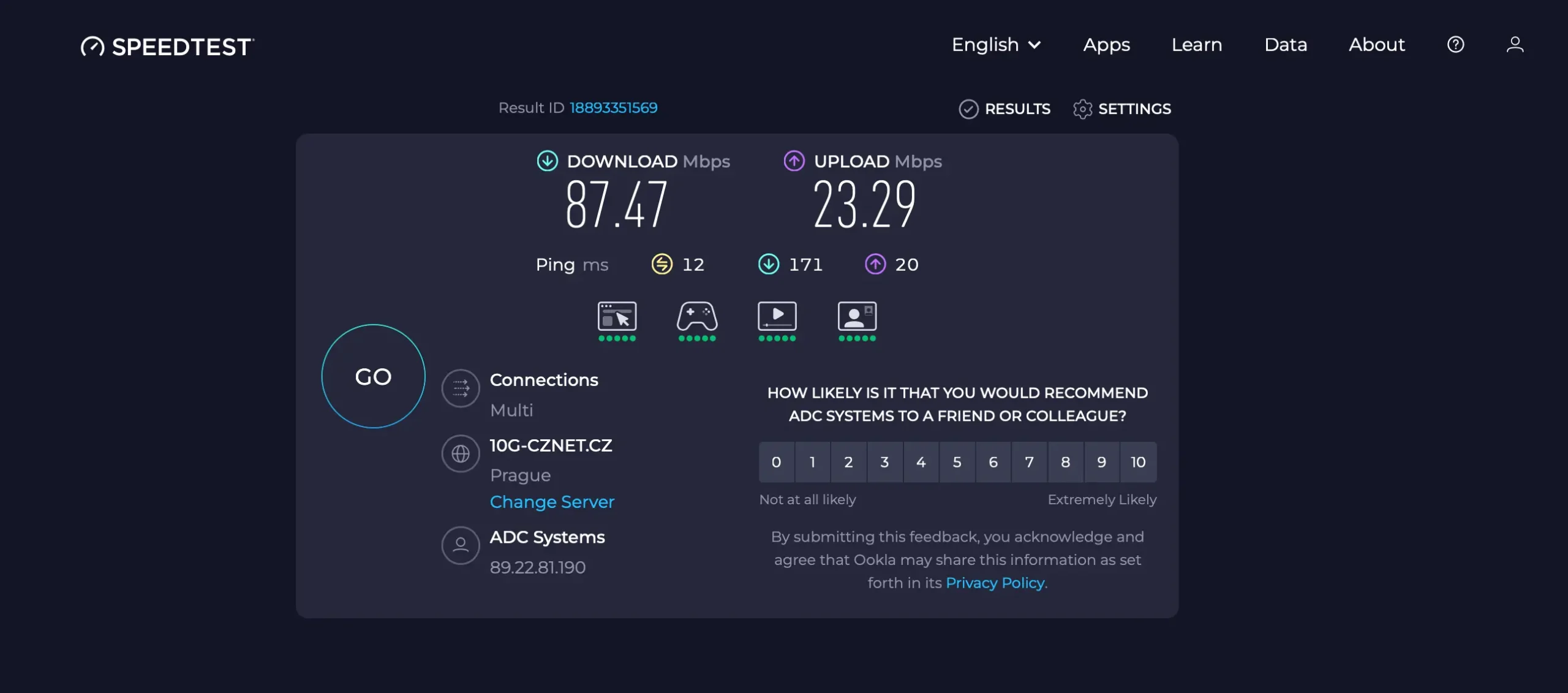 CyberGhost_00_rychlost_bez_VPN_Praha | Venclíkovi.cz Výsledek Speedtestu v Praze bez zapnuté VPN jako referenční měření rychlosti internetu
