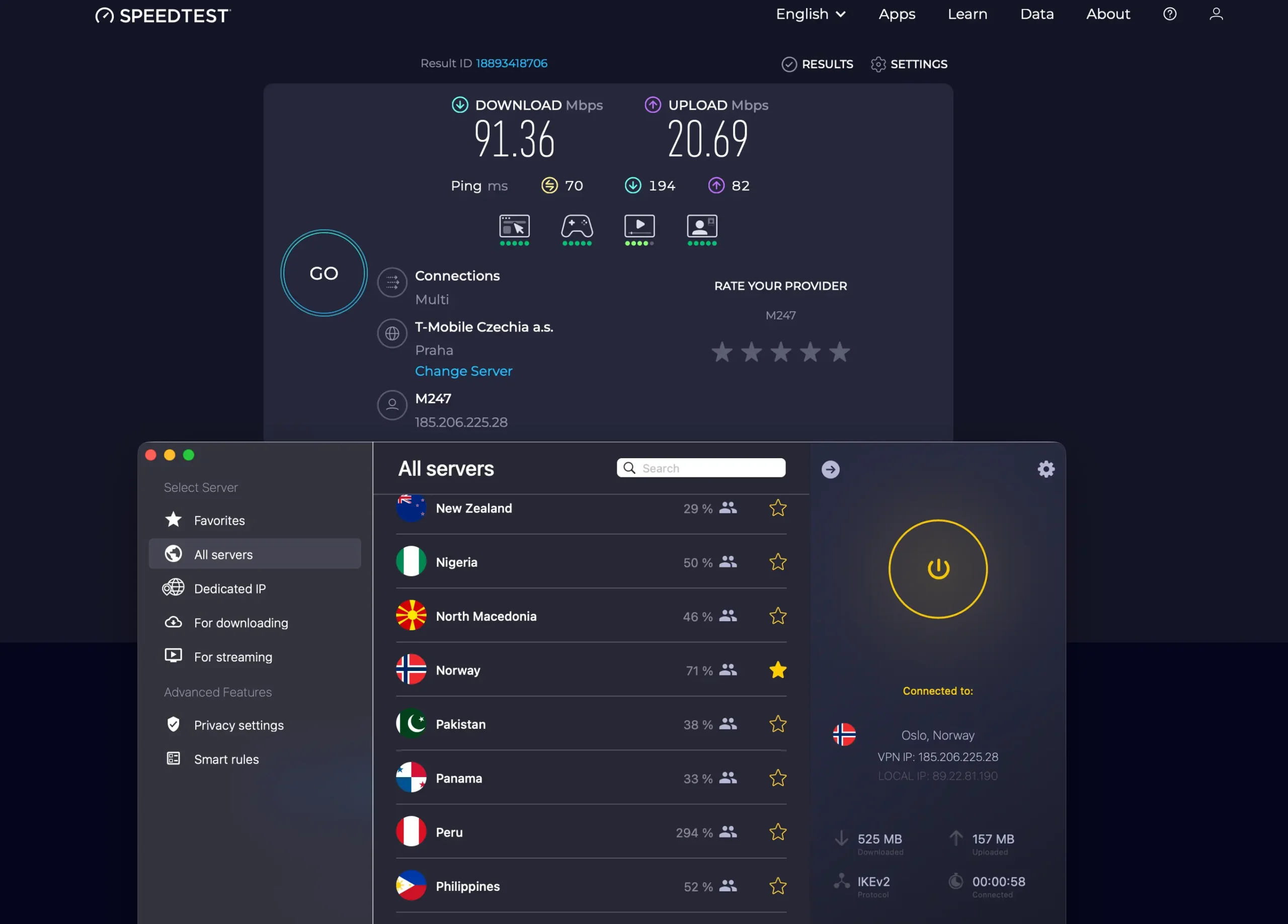 CyberGhost_02_Norsko_Oslo | Venclíkovi.cz Aktivní připojení CyberGhost k serveru Oslo v Norsku a naměřené hodnoty rychlosti internetu