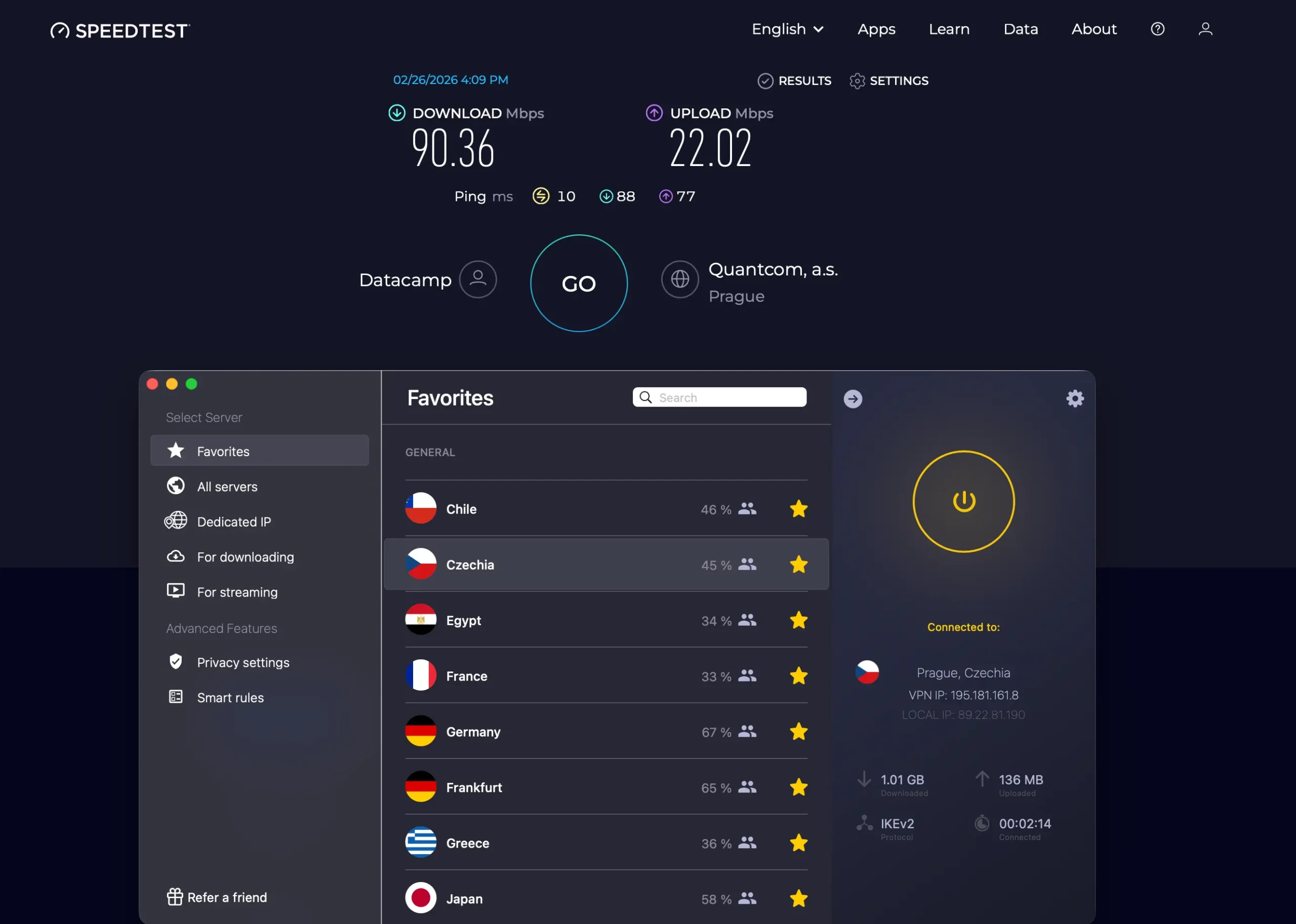 CyberGhost_03_Cesko_Praha | Venclíkovi.cz CyberGhost připojený k českému serveru v Praze s výsledkem Speedtestu při lokálním VPN připojení