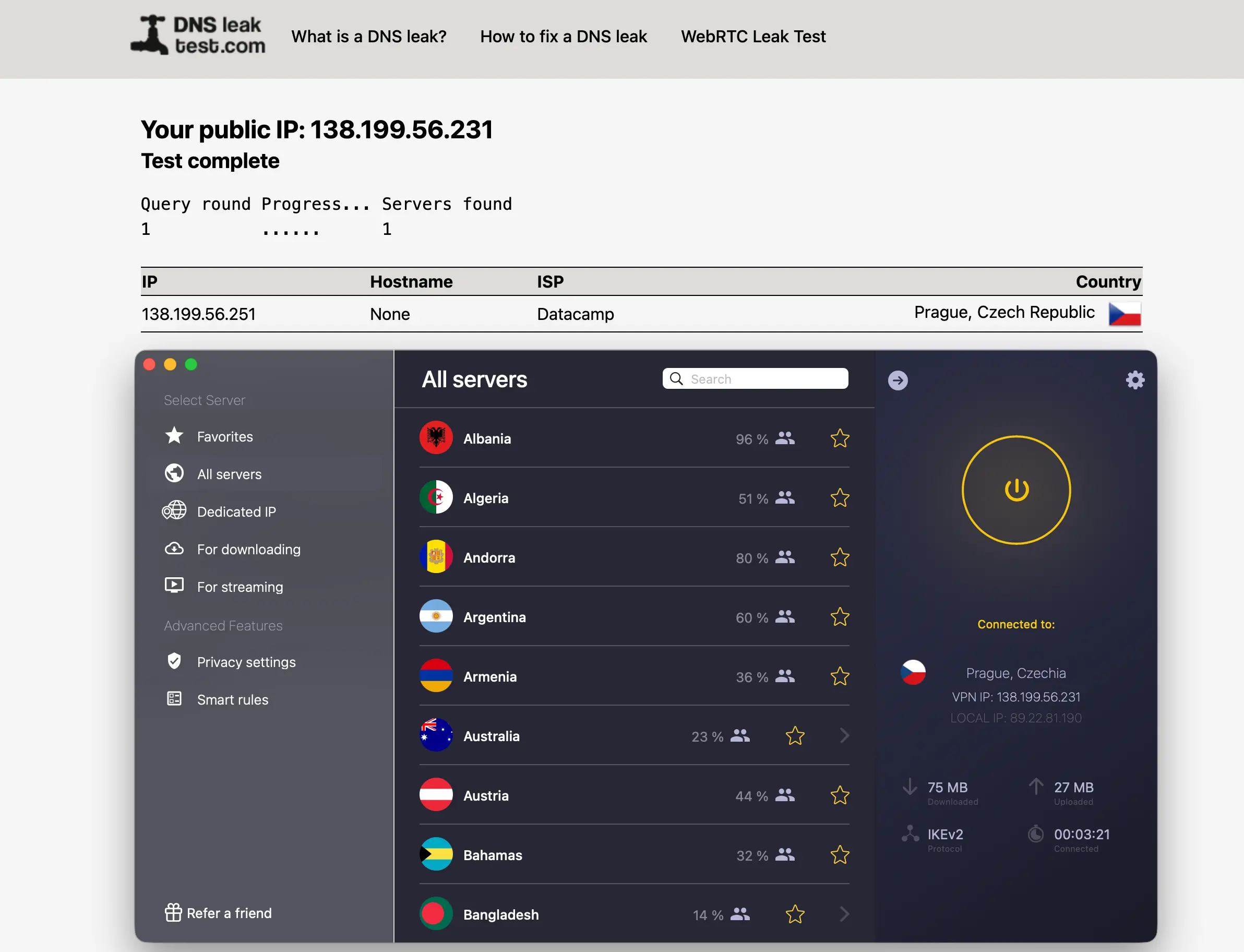 DNS leak test CyberGhost | Venclíkovi.cz DNS leak test CyberGhost VPN na dnsleaktest.com bez úniku DNS serverů mimo DataCamp Praha