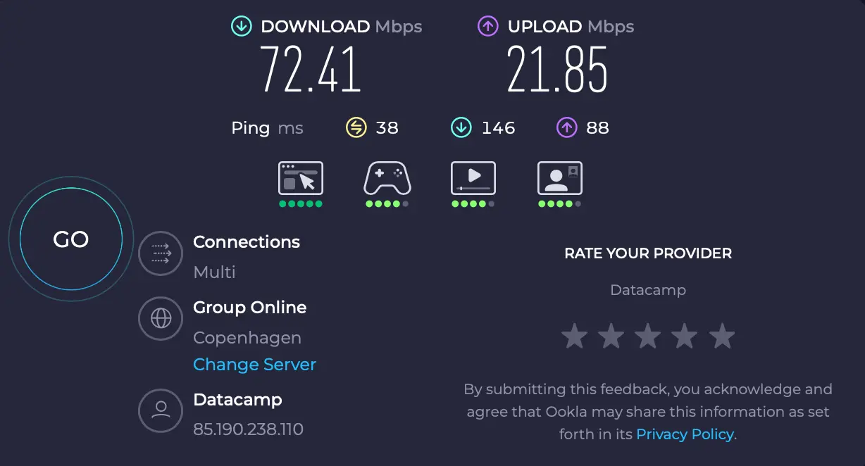 Dánsko test rychlosti serveru od NordVPN | Venclíkovi.cz Speedtest NordVPN Kodaň – download 72,41 Mbps, ping 38 ms