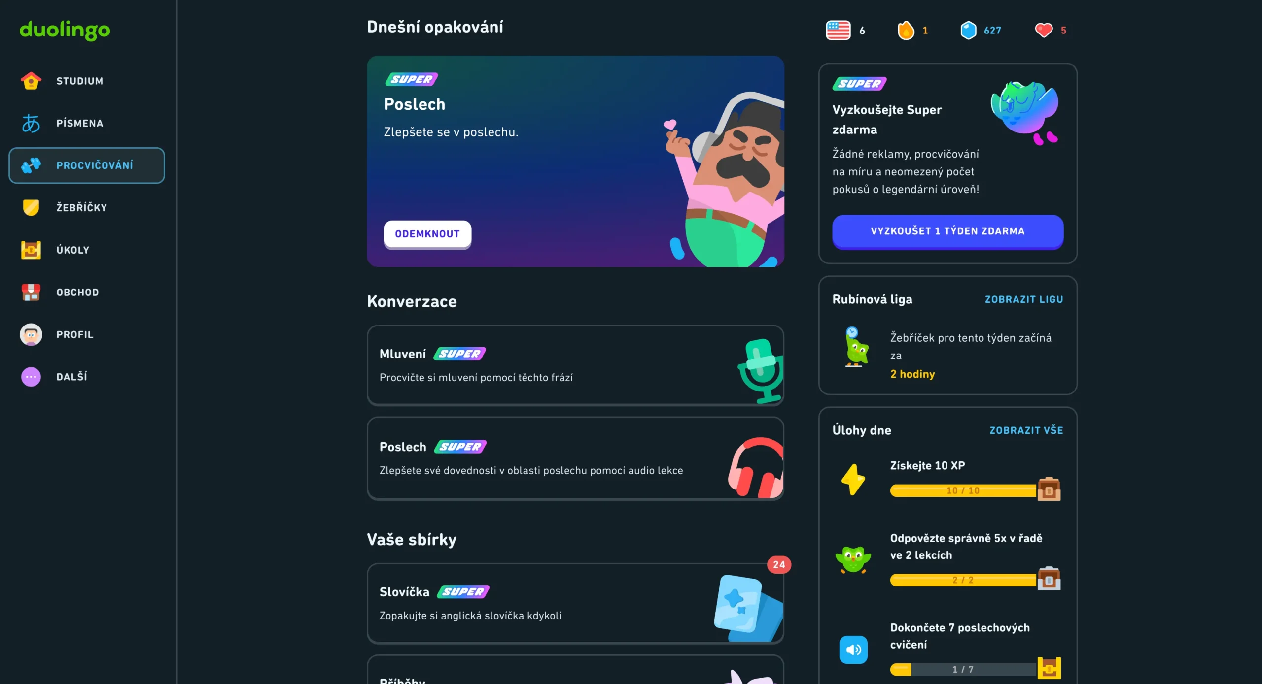 Duolingo 1 | Venclíkovi.cz Hlavní obrazovka Duolingo s výzvou k aktivaci zkušební verze Super.