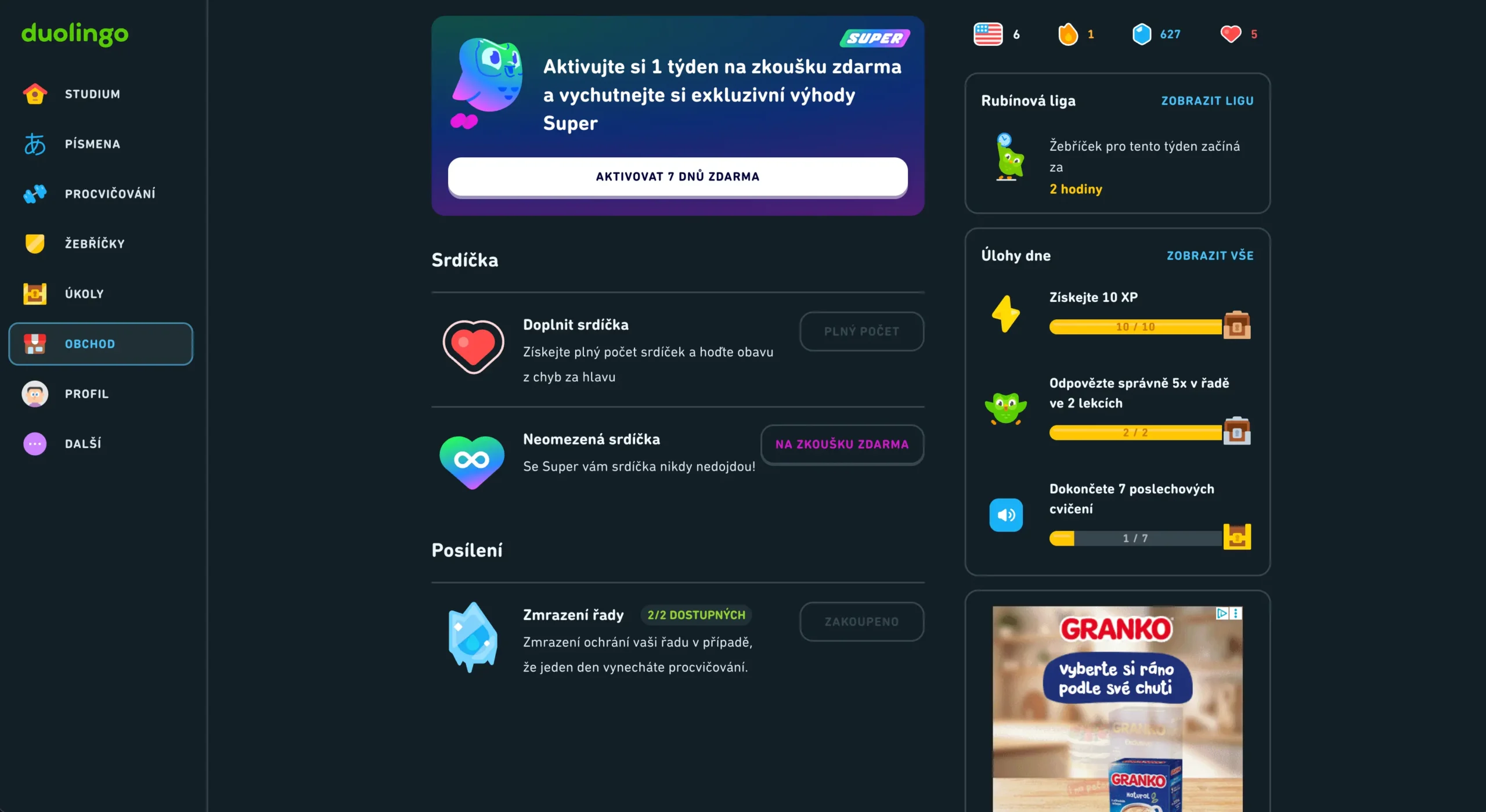 Duolingo 2 | Venclíkovi.cz Sekce Obchod v Duolingo s možností aktivovat Super zdarma na zkoušku.