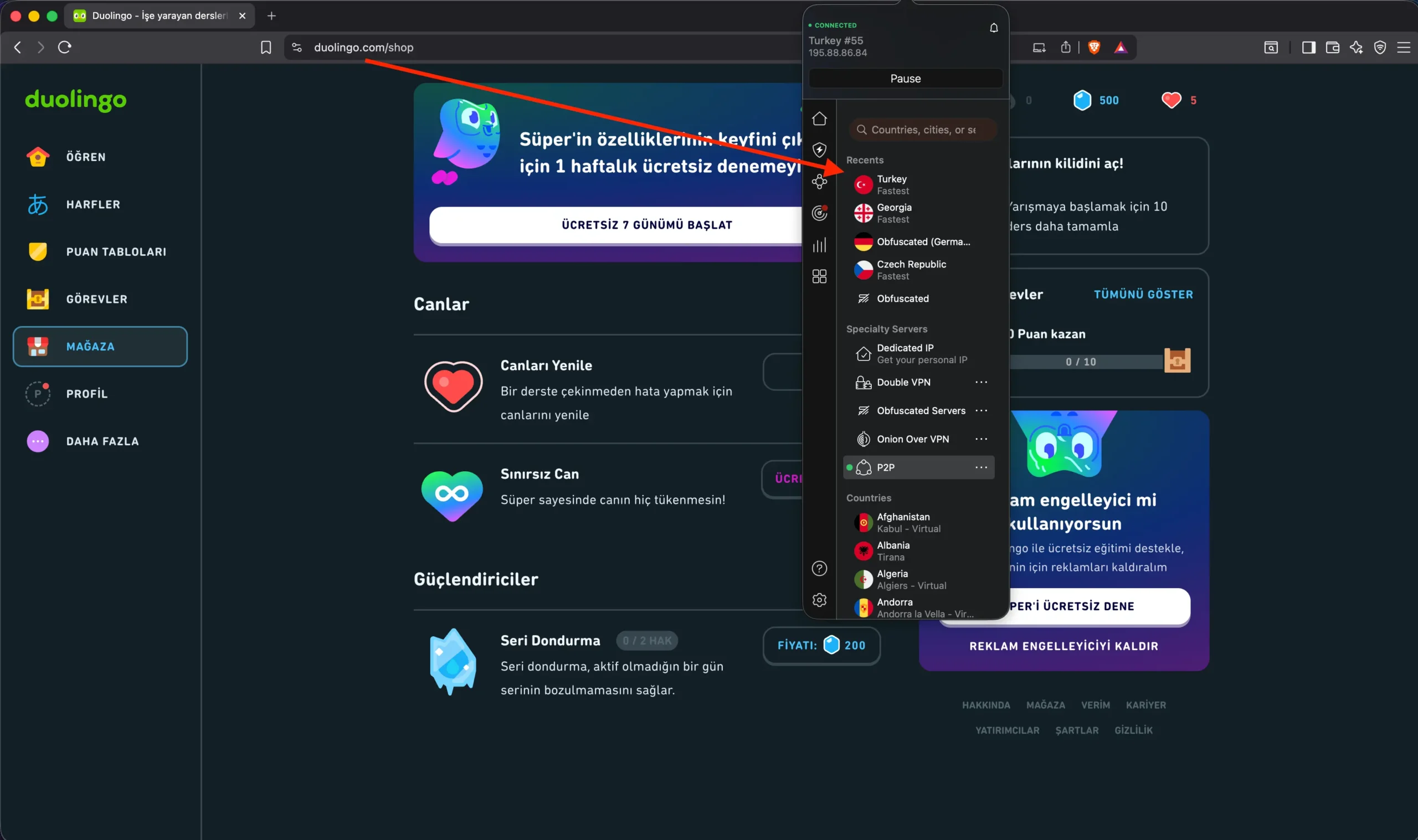 Duolingo ucet v Turecku | Venclíkovi.cz Duolingo otevřené v prohlížeči s aktivním připojením na turecký server přes VPN a přístupem do sekce Obchod.