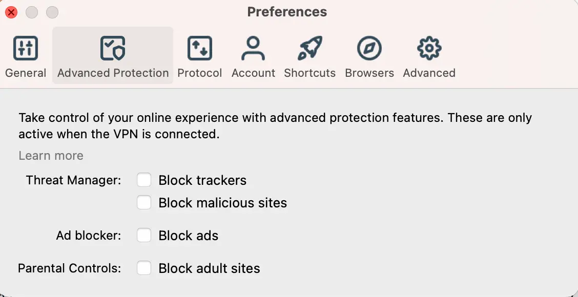ExpressVPN Advanced Protection blokování na Macu | Venclíkovi.cz Detailní pohled ExpressVPN sekci Advanced Protection . Block trackers, Block malicious sites, Block ads a Block adult sites na Macu