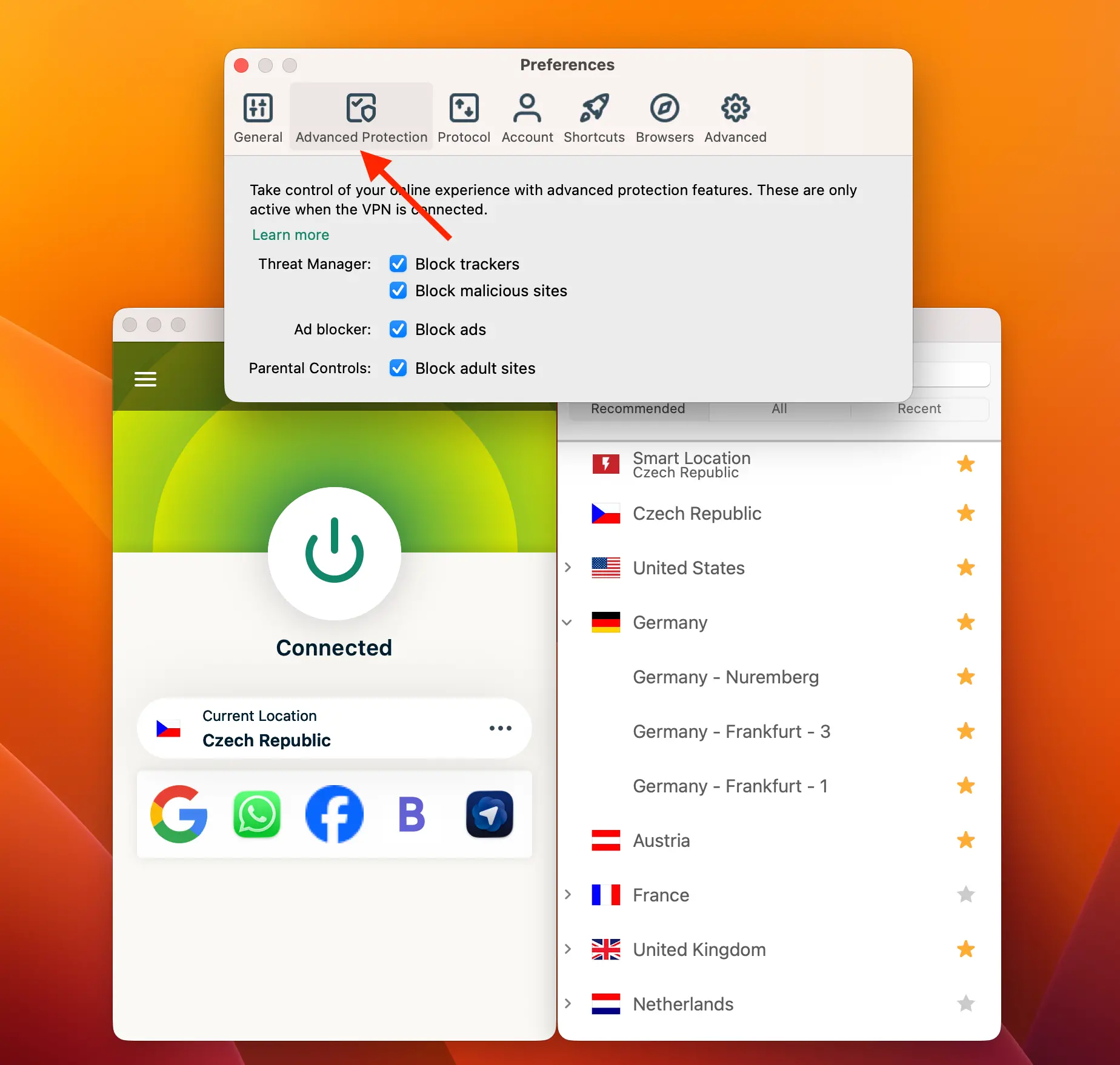ExpressVPN nastavení blokování reklam na Macu | Venclíkovi.cz Rozhraní ExpressVPN na Macu s červenou šipkou ukazující na kartu Advanced Protection, v popředí seznam doporučených lokací jako Německo, Rakousko a Francie.