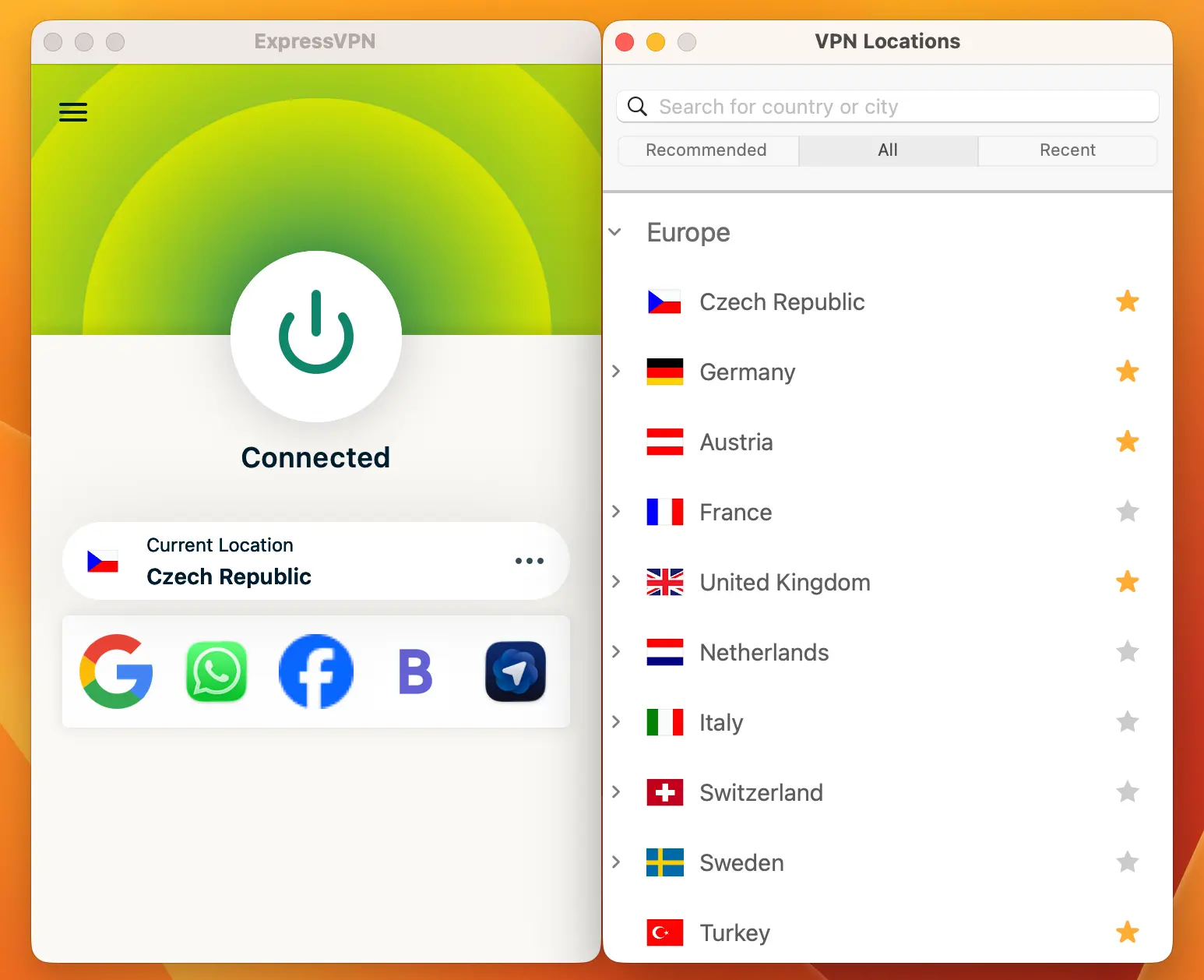 ExpressVPN připojeno na český server | Venclíkovi.cz Rozhraní ExpressVPN připojené k českému serveru, s výběrem dalších evropských zemí jako Německo, Francie nebo Turecko.