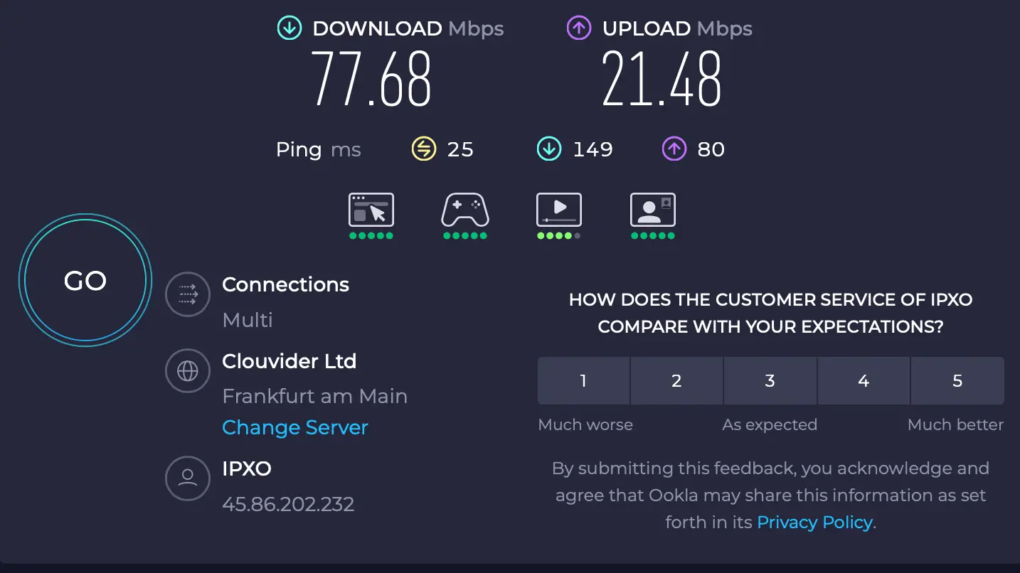 ExpressVPN rychlost naměřená při připojiení server Frankfurt Německo | Venclíkovi.cz Speedtest ExpressVPN Frankfurt – download 77,68 Mbps, ping 25 ms