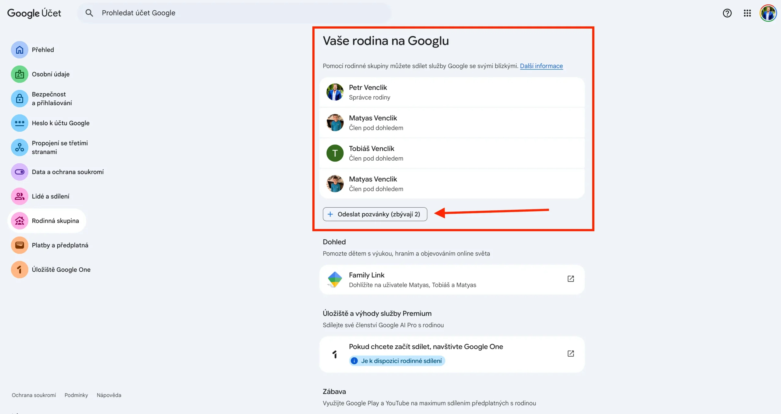 Google Správce rodiny | Venclíkovi.cz Správa rodinné skupiny na Googlu. Seznam členů rodiny a tlačítko pro odeslání nových pozvánek manželce nebo dětem.