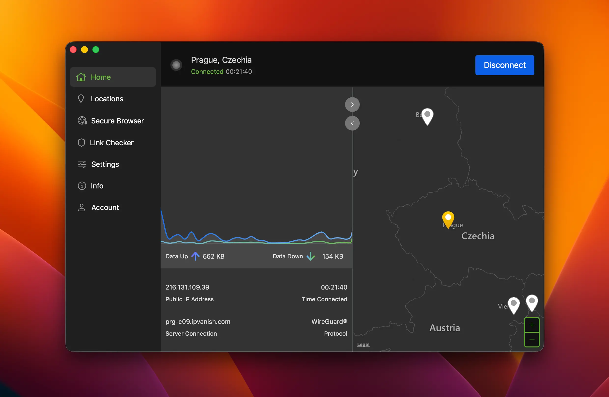 IPVanish aplikace 2 | Venclíkovi.cz IPVanish aplikace na macOS – připojeno na server Prague Czechia přes WireGuard protokol