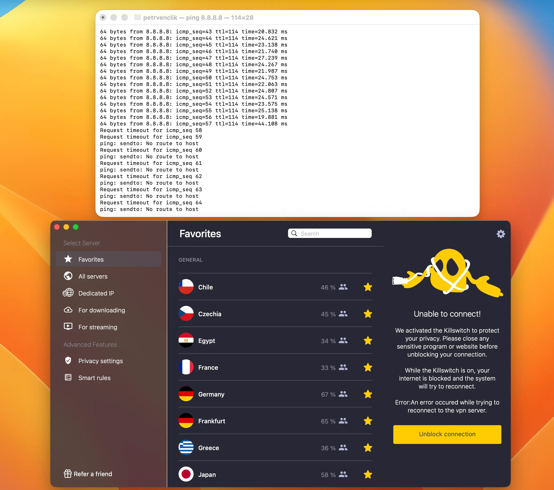 Kill Swith CyberGhost test | Venclíkovi.cz Test kill switch funkce CyberGhost VPN na macOS při výpadku připojení s blokovaným internetem