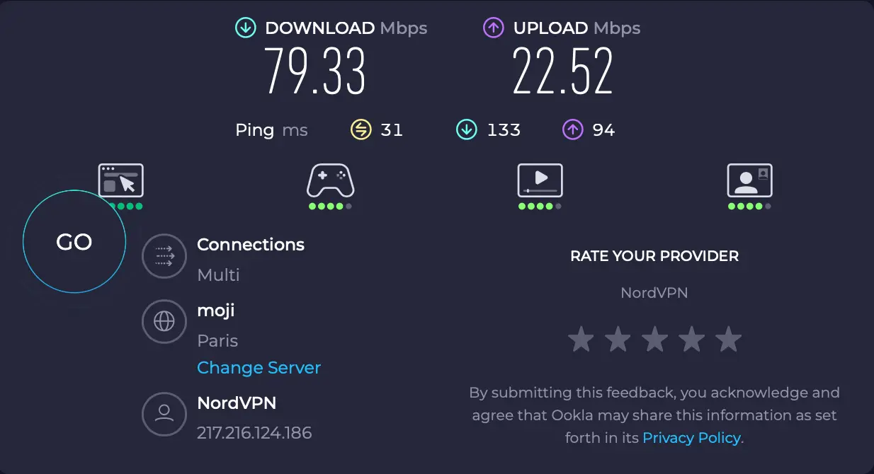 Lokalita serveru Paříž - NordVPN test rychlosti | Venclíkovi.cz Speedtest NordVPN Paříž – download 79,33 Mbps, ping 31 ms