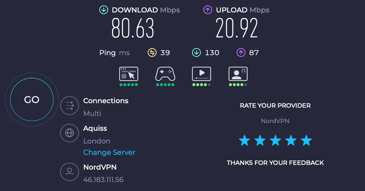 Londýn Anglie - rychlost internetu NordVPN | Venclíkovi.cz Speedtest NordVPN Londýn – download 80,63 Mbps, ping 39 ms