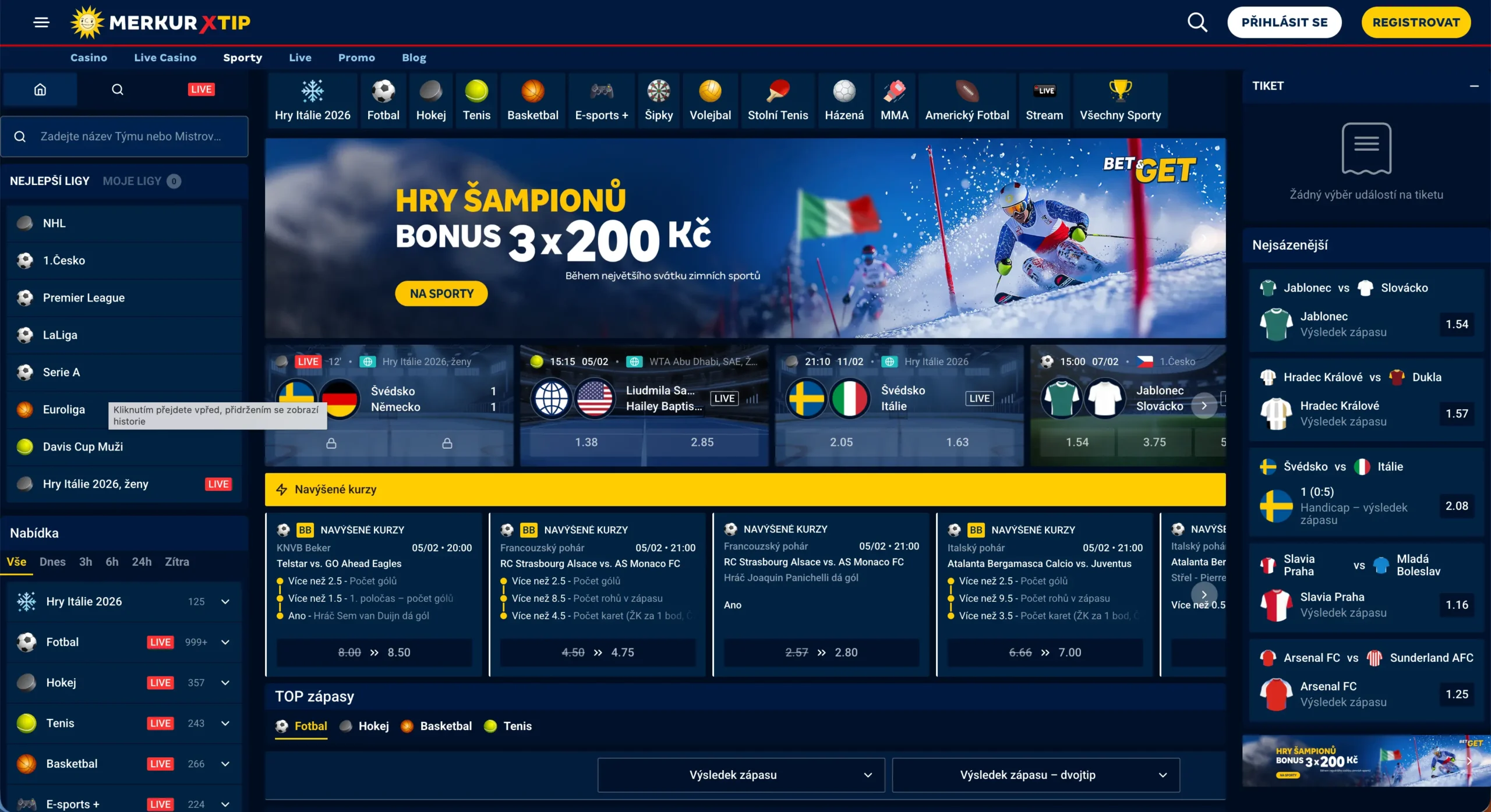 MerkurXtip sportovni sazky | Venclíkovi.cz Rozhraní MerkurXTip se sportovními sázkami během ZOH 2026, přehled kurzů, live sázek a bonusové nabídky 3×200 Kč na zimní sporty