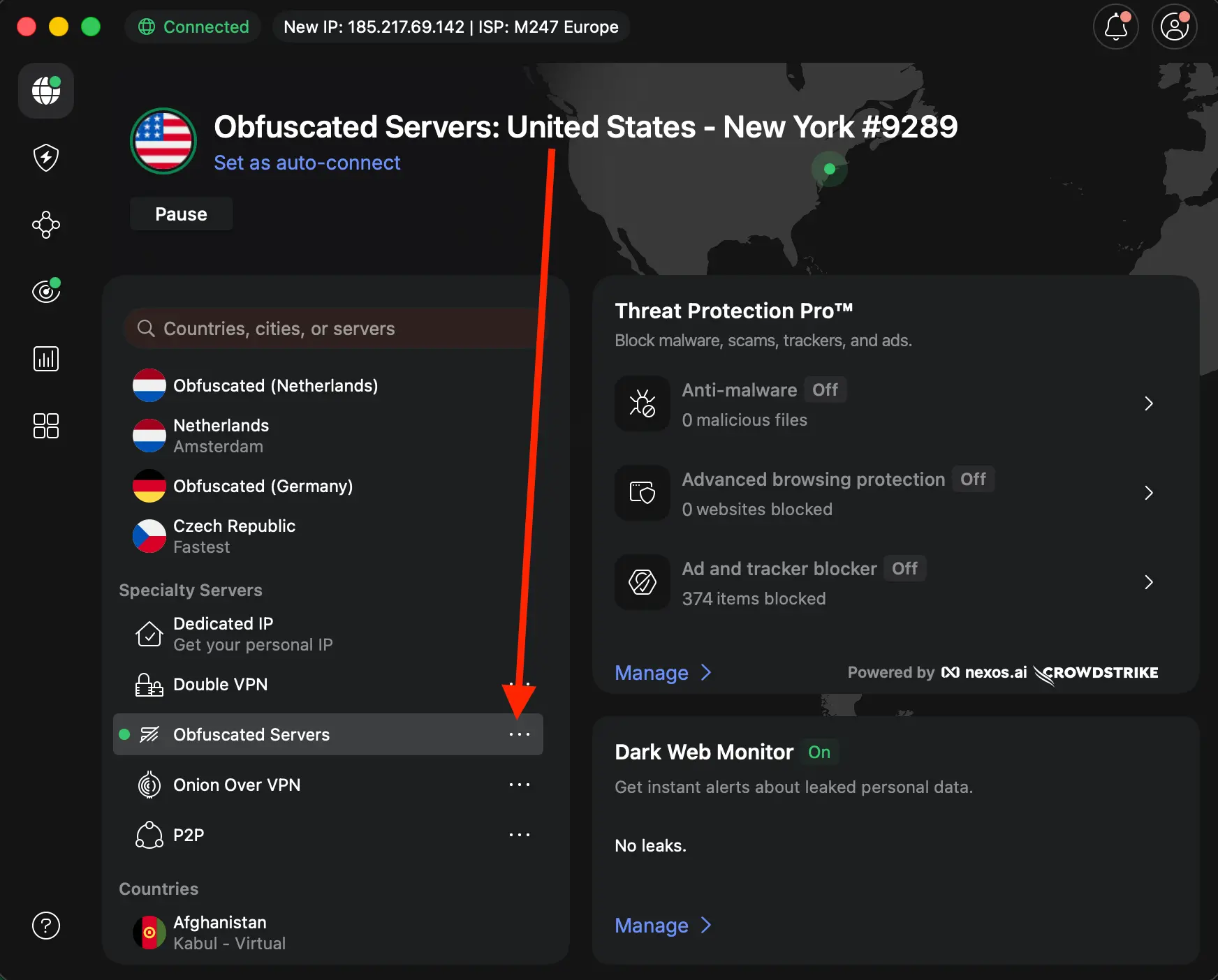 NordVPN připojena na US server v New Yorku | Venclíkovi.cz Detail aplikace NordVPN v tmavém režimu s vybranou možností Obfuscated Servers a připojením na americký uzel New York #9289.