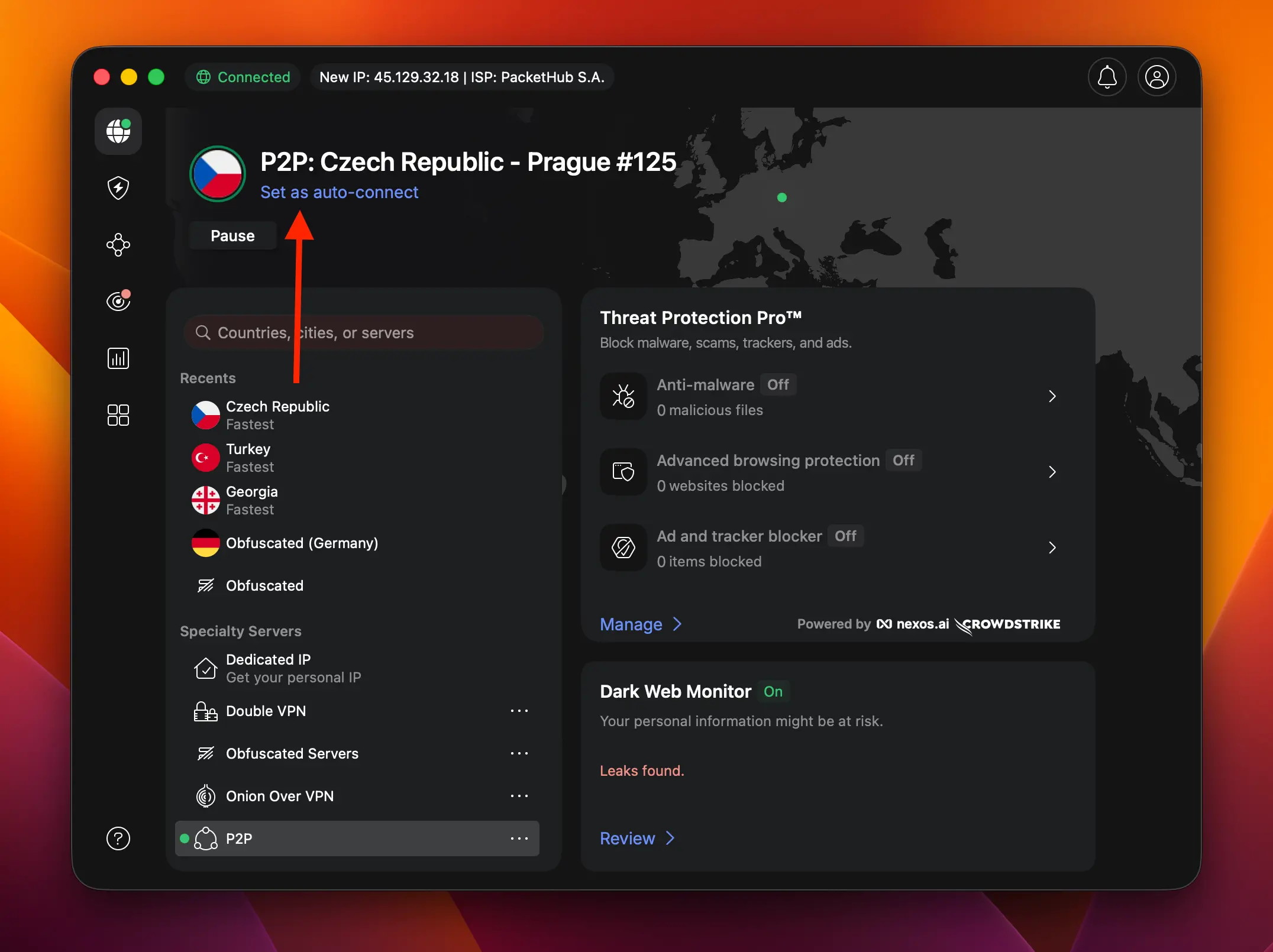 NordVPN připojeno na CZ server kvůli streamování Nova Sport 5 | Venclíkovi.cz Aplikace NordVPN na macOS s aktivním připojením k serveru v Praze pro získání české IP adresy.