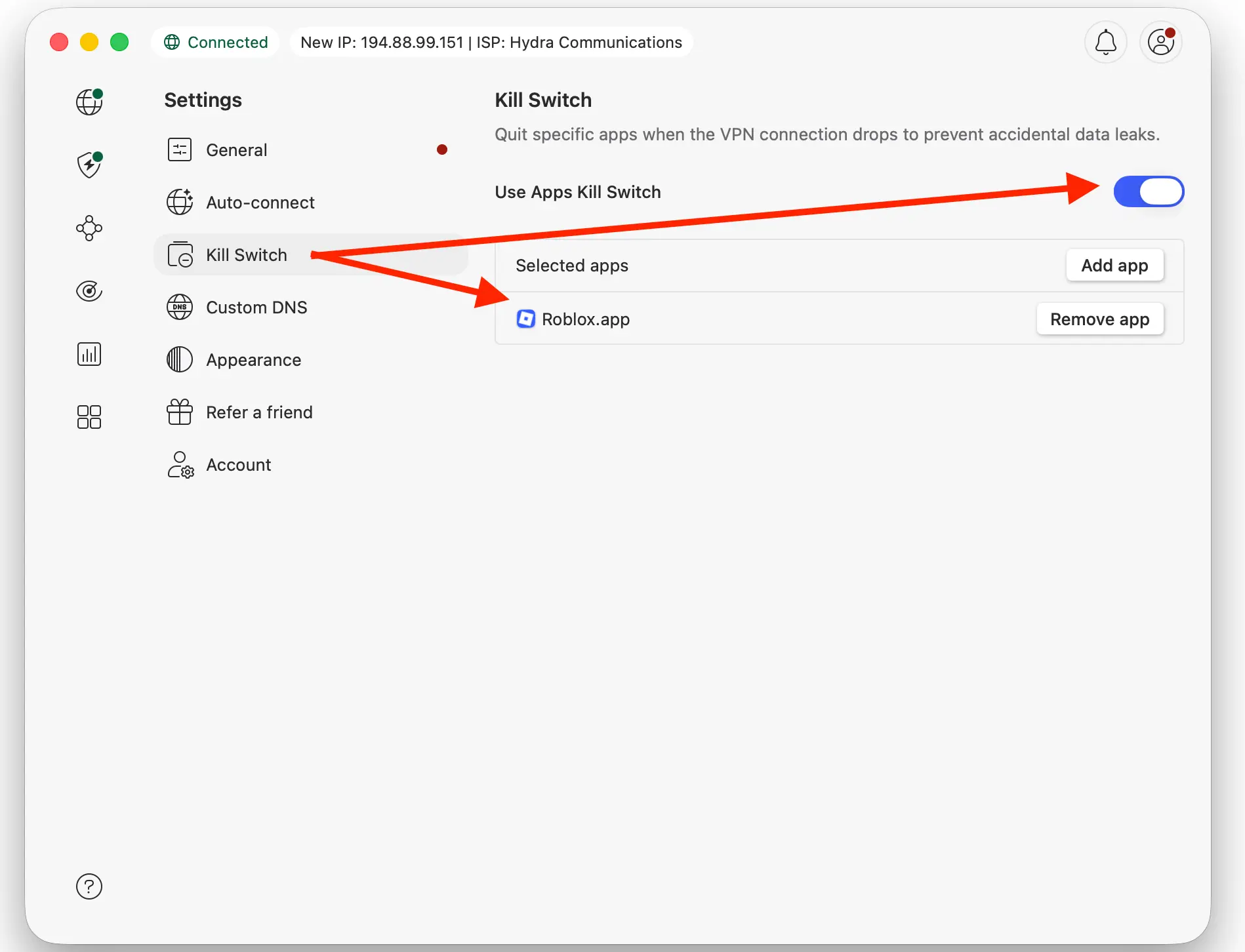 NordVPN zapnutý Kill Swith pro Roblox | Venclíkovi.cz Ukázka nastavení funkce Kill Switch v NordVPN s přidanou aplikací Roblox, která se automaticky odpojí při výpadku VPN spojení