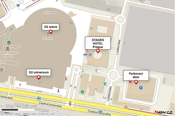 Parkování v o2aréně a okolí | Venclíkovi.cz Mapový výřez zobrazující polohu O2 areny, O2 universa, Stages Hotelu a oficiálního parkovacího domu.