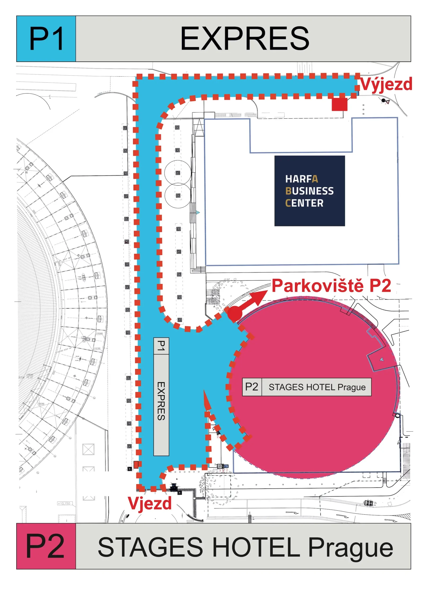 Parkoviště P2 STAGES HOTEL Prague je zpoplatněn tarifem 50 Kč _ hod | Venclíkovi.cz Detailní logistické schéma příjezdu k O2 areně se zvýrazněnou modrou zónou P1 EXPRES pro krátkodobé zastavení a růžovou plochou P2 pro parkování u STAGES HOTEL Prague. Šipky a červené body ukazují směr vjezdu z jihu a výjezdu na sever kolem budovy Harfa Business Center.