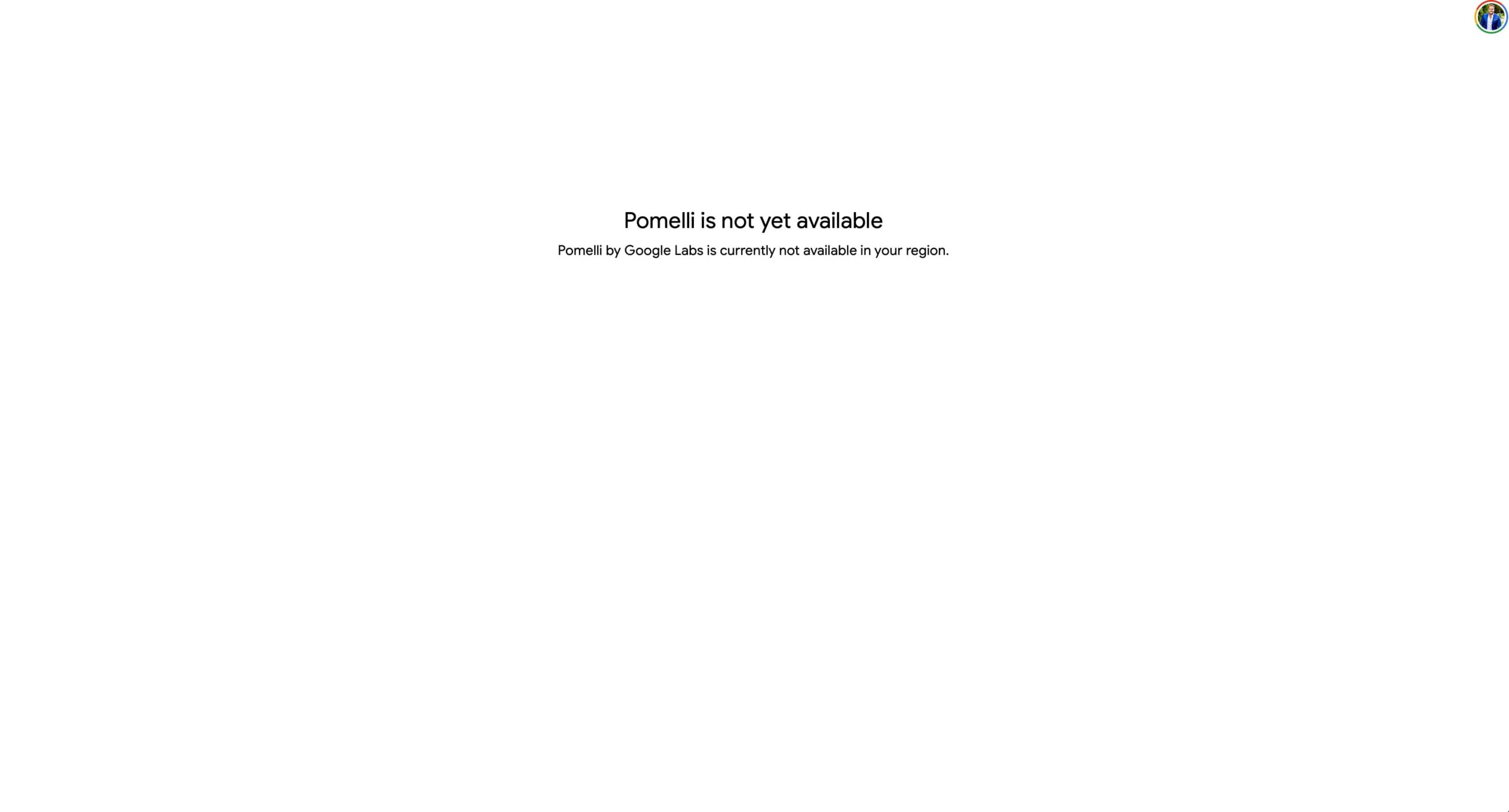 Pomelli neni dostupne v CR | Venclíkovi.cz Bílá obrazovka s chybovou hláškou „Pomelli is not yet available“, která informuje uživatele, že služba Google Labs není v jeho regionu dostupná.