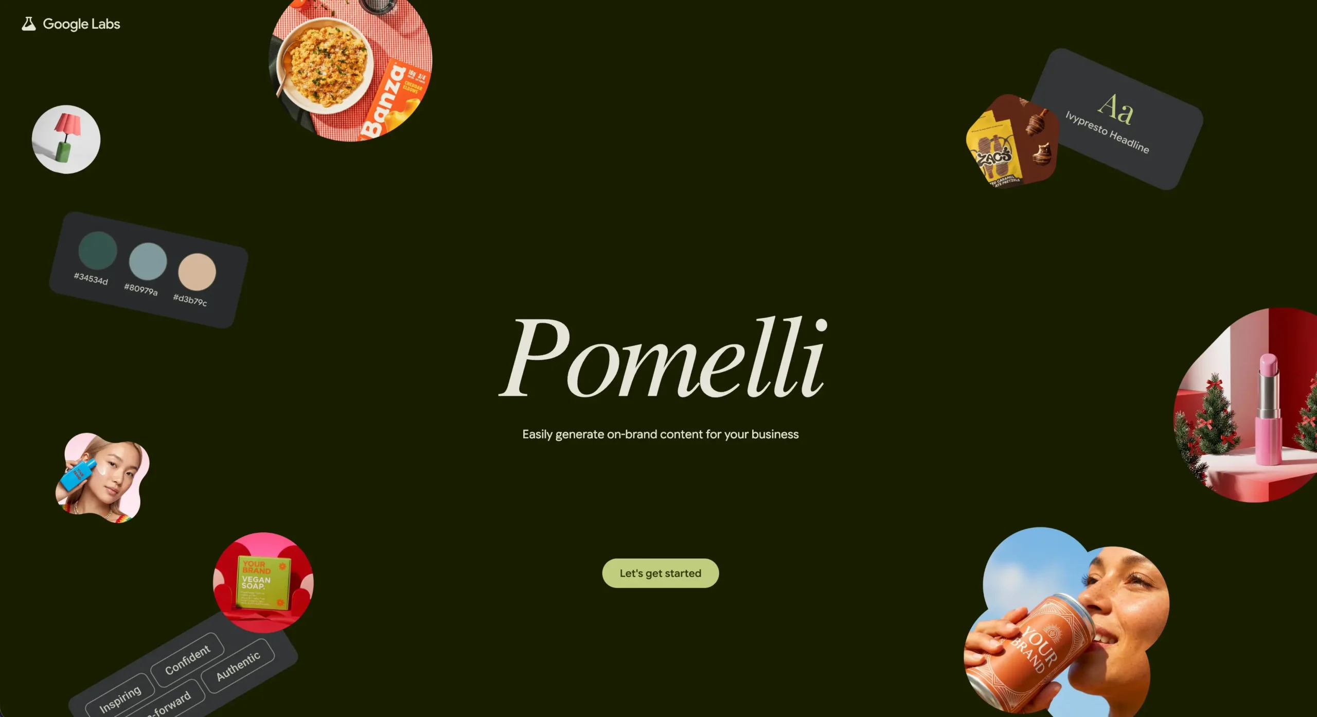 Pomelli od Google Labs | Venclíkovi.cz Úvodní webová stránka projektu Pomelli od Google Labs s ukázkami brandových vizuálů, barevných palet a produktových fotek na tmavě zeleném pozadí.