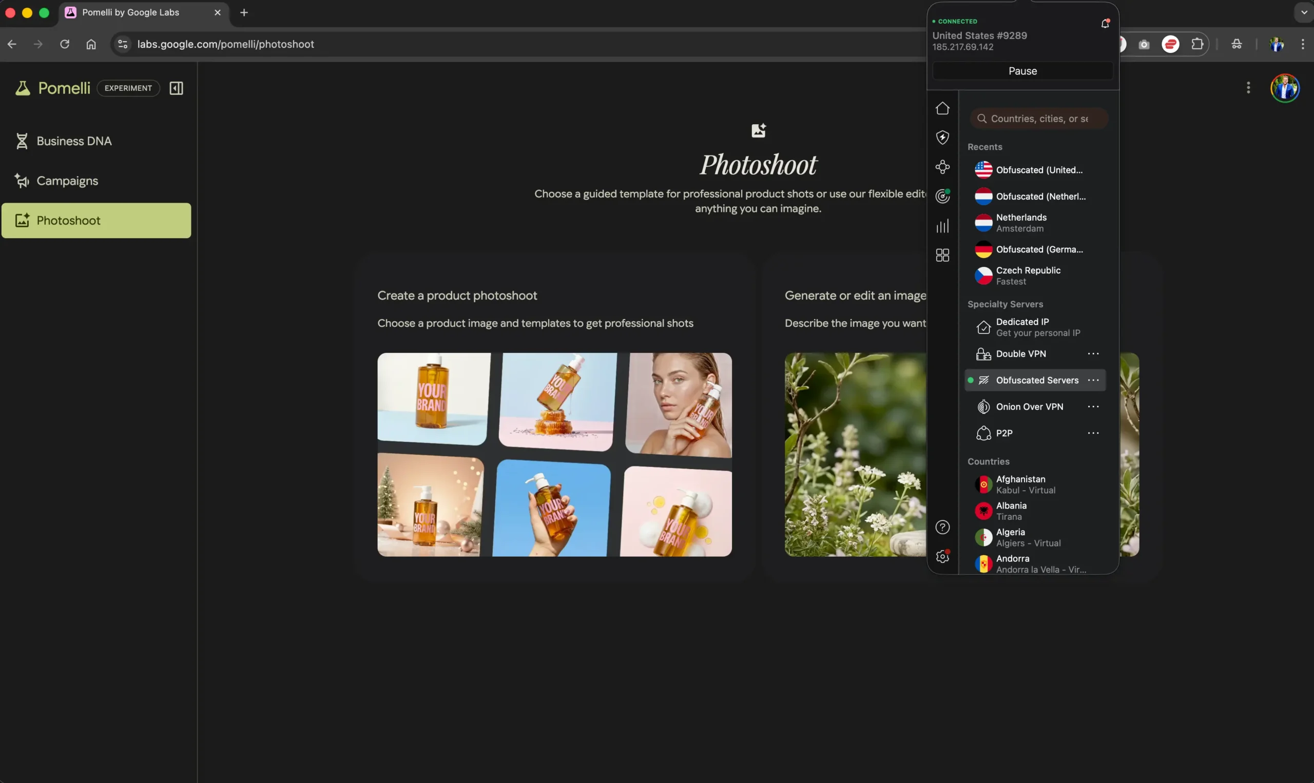 Práce v Pomelli funguje i z česka protože mám zaplou NordVPN | Venclíkovi.cz Screenshot prohlížeče se spuštěným nástrojem Pomelli Photoshoot a aktivním oknem NordVPN, které ukazuje připojení k maskovanému serveru v USA.