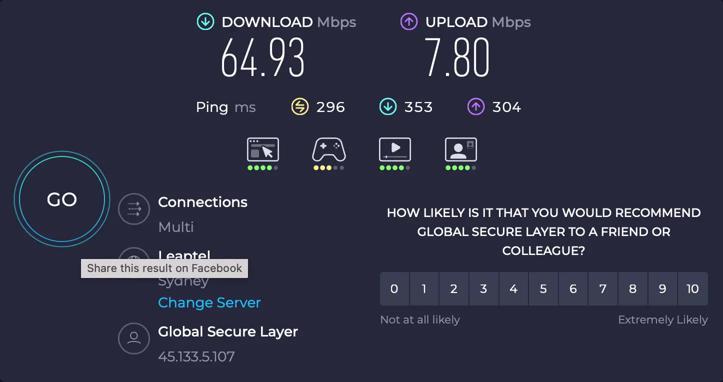 Praha - Syndey Austrálie - rychlost netu ExpressVPN | Venclíkovi.cz Speedtest ExpressVPN Sydney – download 64,93 Mbps, ping 296 ms