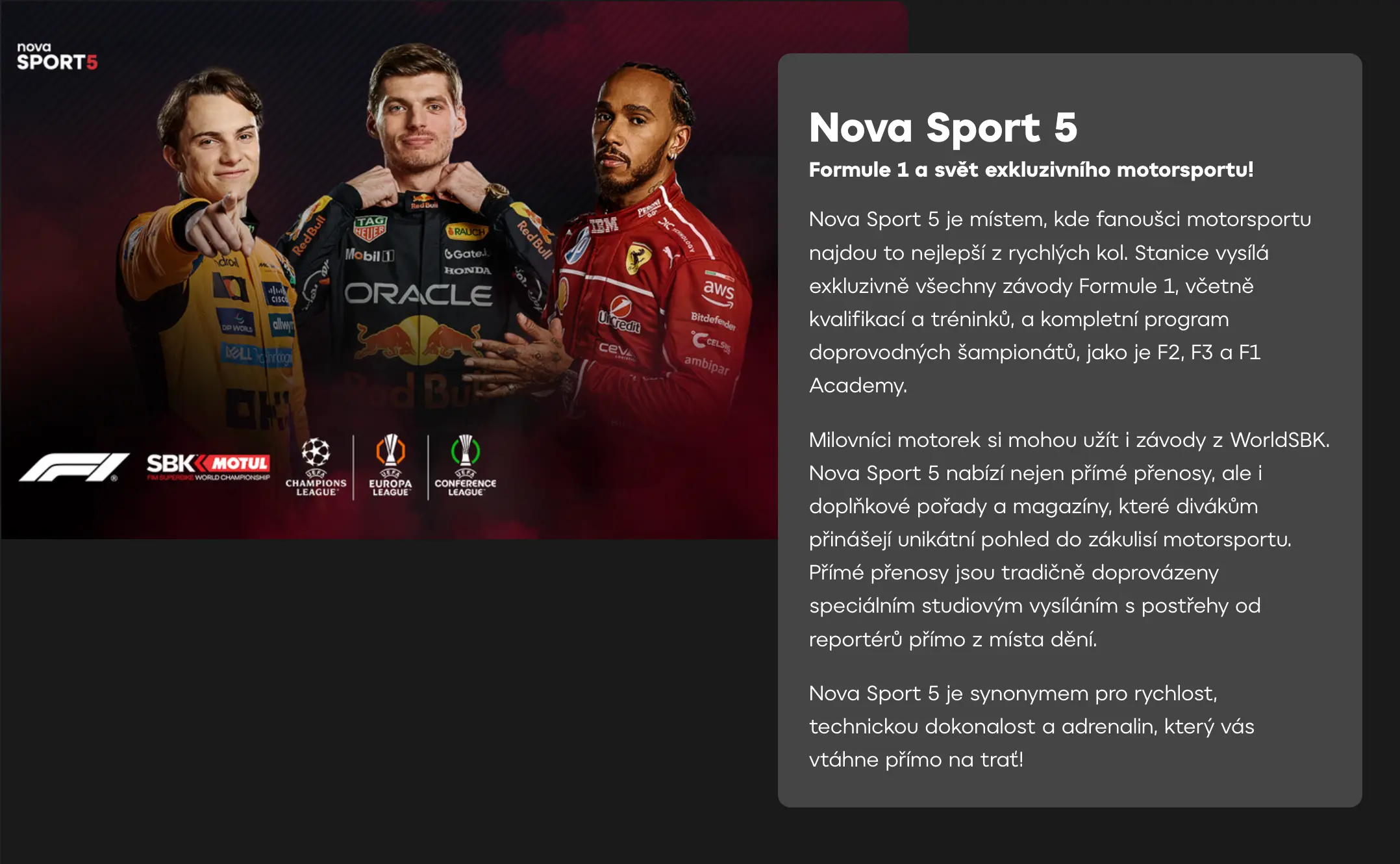 Program Nova Sport 5 | Venclíkovi.cz Promo grafika Nova Sport 5 s jezdci F1 (Verstappen, Hamilton, Piastri) a logy motorsportu (WorldSBK) i fotbalu (Liga mistrů).