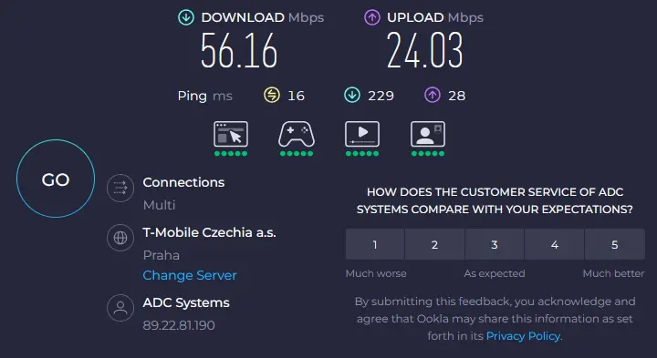 ProtonVPN_00_rychlost_bez_VPN_Praha | Venclíkovi.cz Speedtest Praha bez VPN – download 56,16 Mbps, upload 24,03 Mbps, ping 16 ms, T-Mobile Czechia