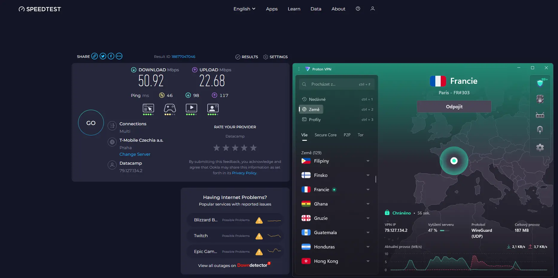 ProtonVPN_02_Francie_Pariz_FR303 | Venclíkovi.cz Speedtest ProtonVPN Francie Paříž FR#303 – download 50,92 Mbps, upload 22,68 Mbps, ping 46 ms, vytížení 47 %