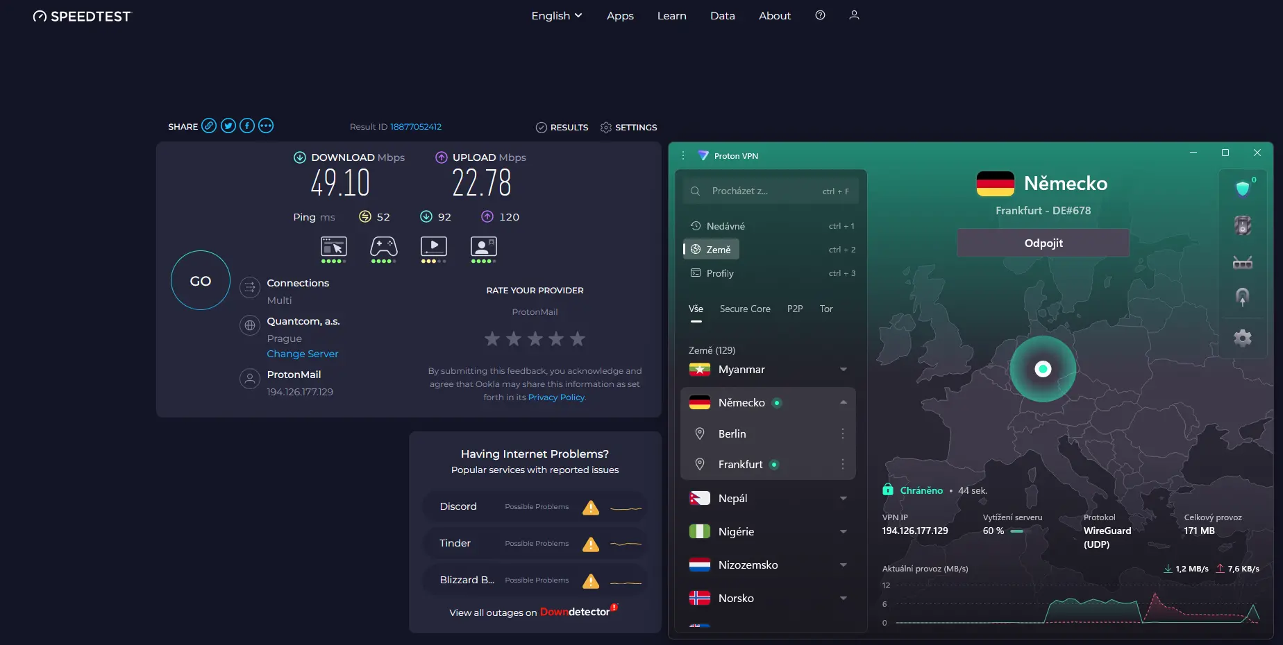 ProtonVPN_03_Nemecko_Frankfurt_DE678 | Venclíkovi.cz Speedtest ProtonVPN Německo Frankfurt DE#678 – download 49,10 Mbps, upload 22,78 Mbps, ping 52 ms, vytížení 60 %