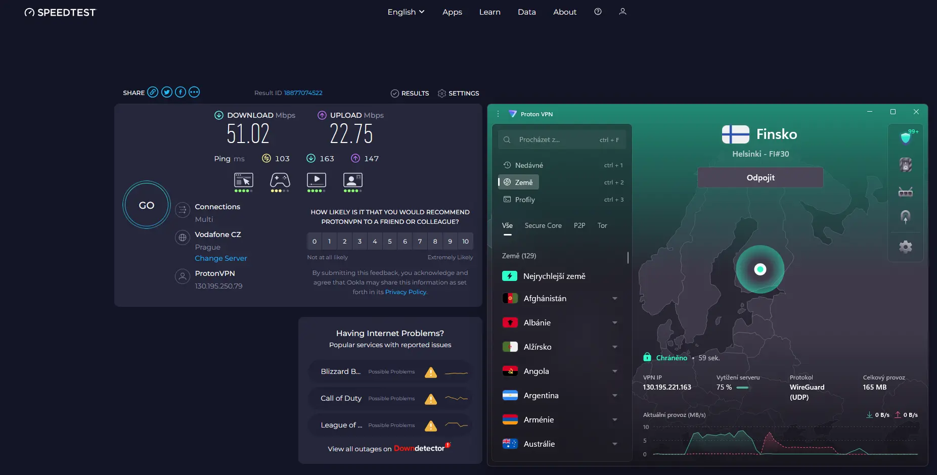 ProtonVPN_08_Finsko Helsinki FI30 | Venclíkovi.cz Speedtest ProtonVPN Finsko Helsinki FI#30 – download 51,02 Mbps, upload 22,75 Mbps, ping 103 ms, vytížení 75 %