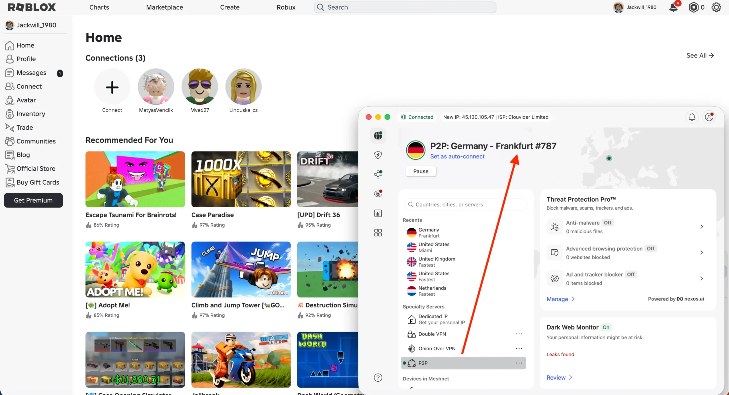 Roblox se zapnutou NordVPN na server Frankfurt - aby fungoval v Egyptě | Venclíkovi.cz Roblox spuštěný přes NordVPN s připojením na server ve Frankfurtu, ukazující funkční herní prostředí i aktivní VPN ochranu – řešení pro hraní v zemích, kde je Roblox blokován.