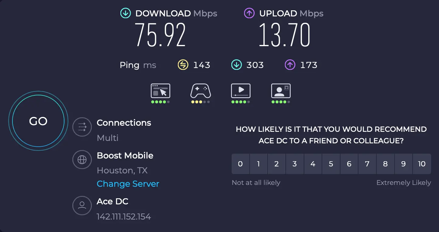 Rychlost ExpressVPN - Texas Houston | Venclíkovi.cz Speedtest ExpressVPN Houston – download 75,92 Mbps, ping 143 ms