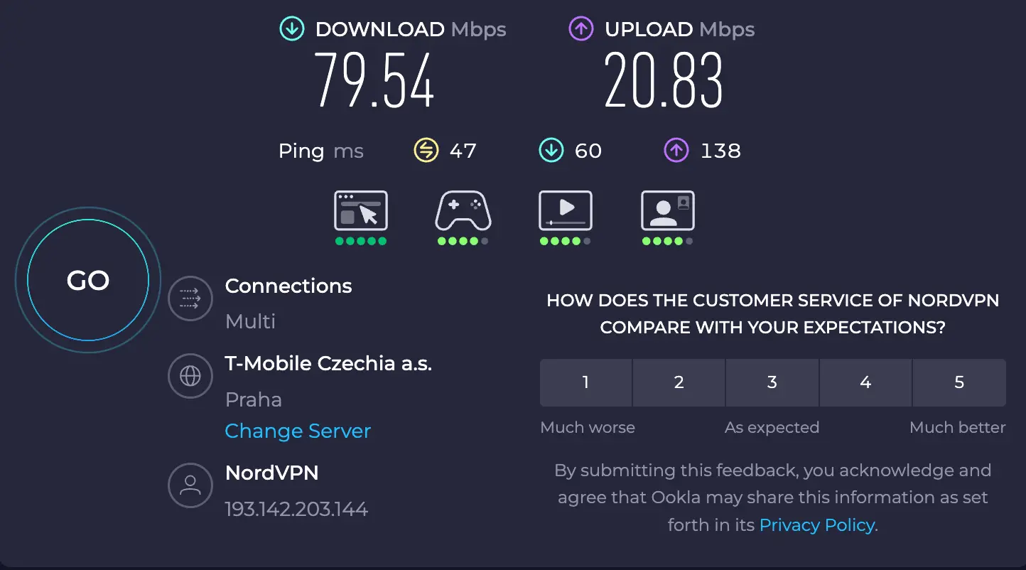 Rychlost NordVPN - připojeni k českému serveru | Venclíkovi.cz Speedtest NordVPN Praha – download 79,54 Mbps, ping 47 ms