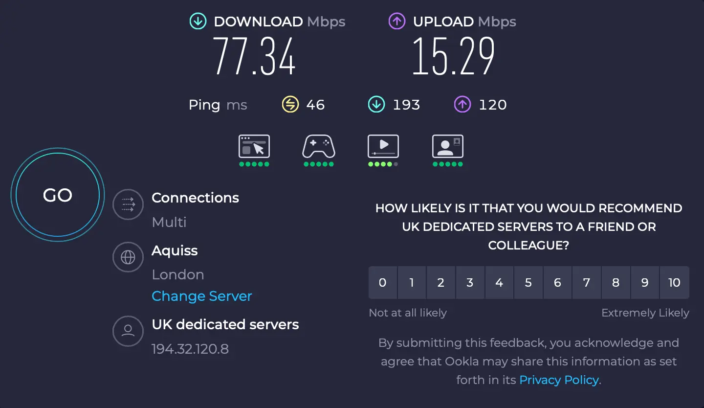 Rychlost internetu ExpressVPN server přes Londýn v Británii | Venclíkovi.cz Speedtest ExpressVPN Londýn – download 77,34 Mbps, ping 46 ms