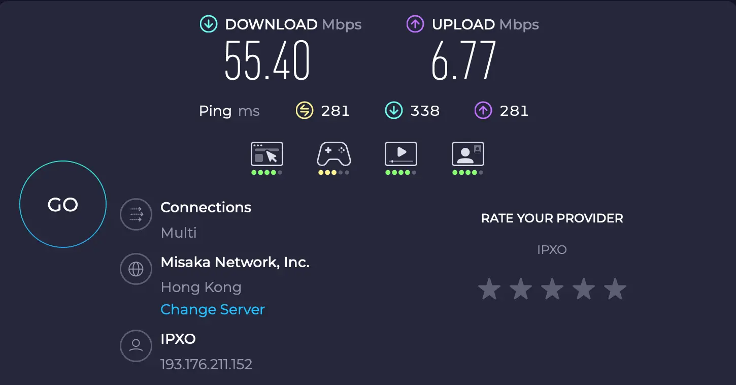 Rychlost internetu Hong Kong - ExpressVPN měřeno z Prahy | Venclíkovi.cz Speedtest ExpressVPN Hong Kong – download 55,40 Mbps, ping 281 ms