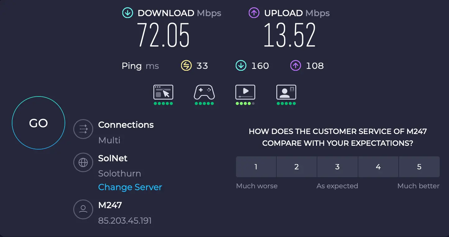 Rychlost internetu server Švýcarsko ExpressVPN | Venclíkovi.cz Speedtest ExpressVPN Švýcarsko – download 72,05 Mbps, ping 33 ms