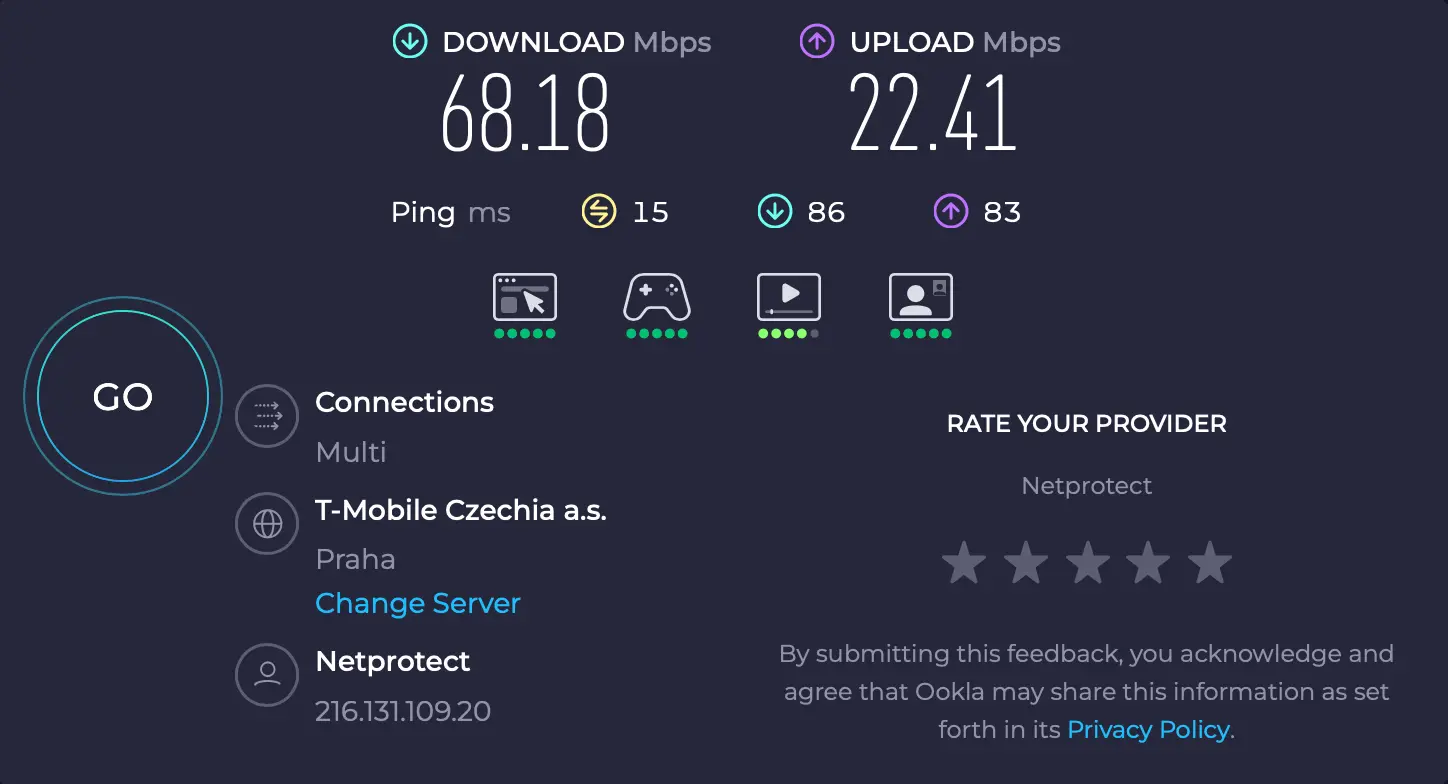 Rychlost netu se zapnutým Bitdefender VPN | Venclíkovi.cz