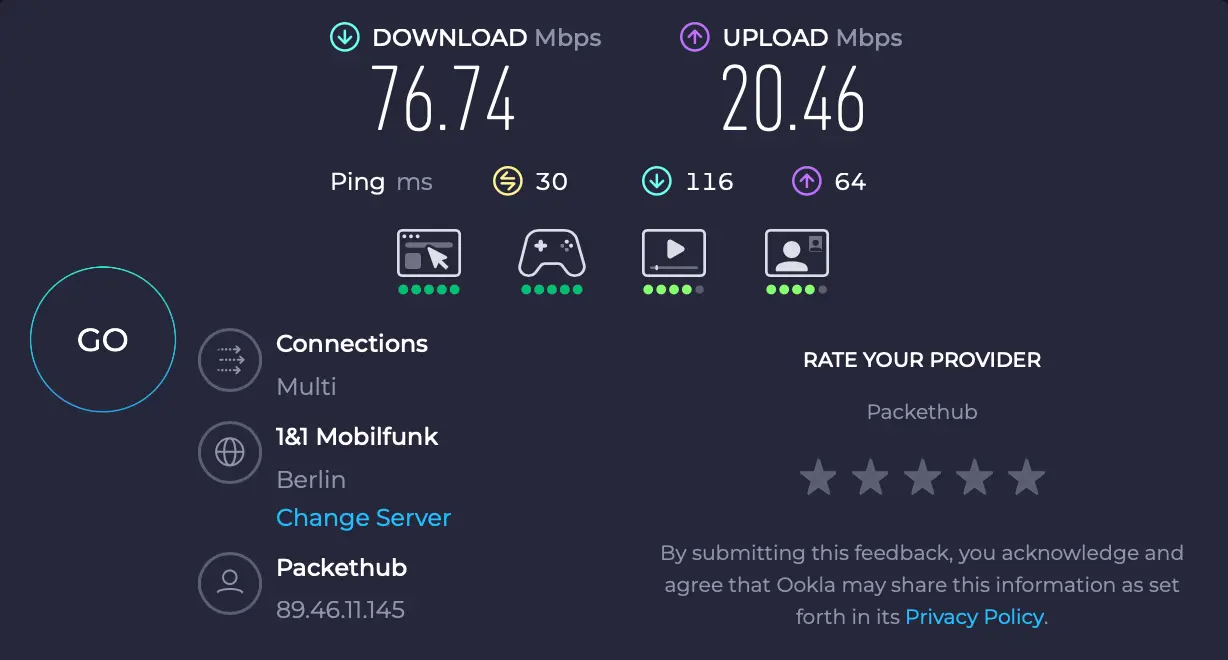 Rychlost serveru v Berlín NordVPN | Venclíkovi.cz Speedtest NordVPN Berlín – download 76,74 Mbps, ping 30 ms