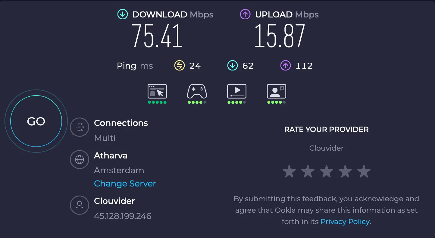 Server Amsterdam Holandsko - Rychlost naměřená u ExpressVPN | Venclíkovi.cz Speedtest ExpressVPN Amsterdam – download 75,41 Mbps, ping 24 ms