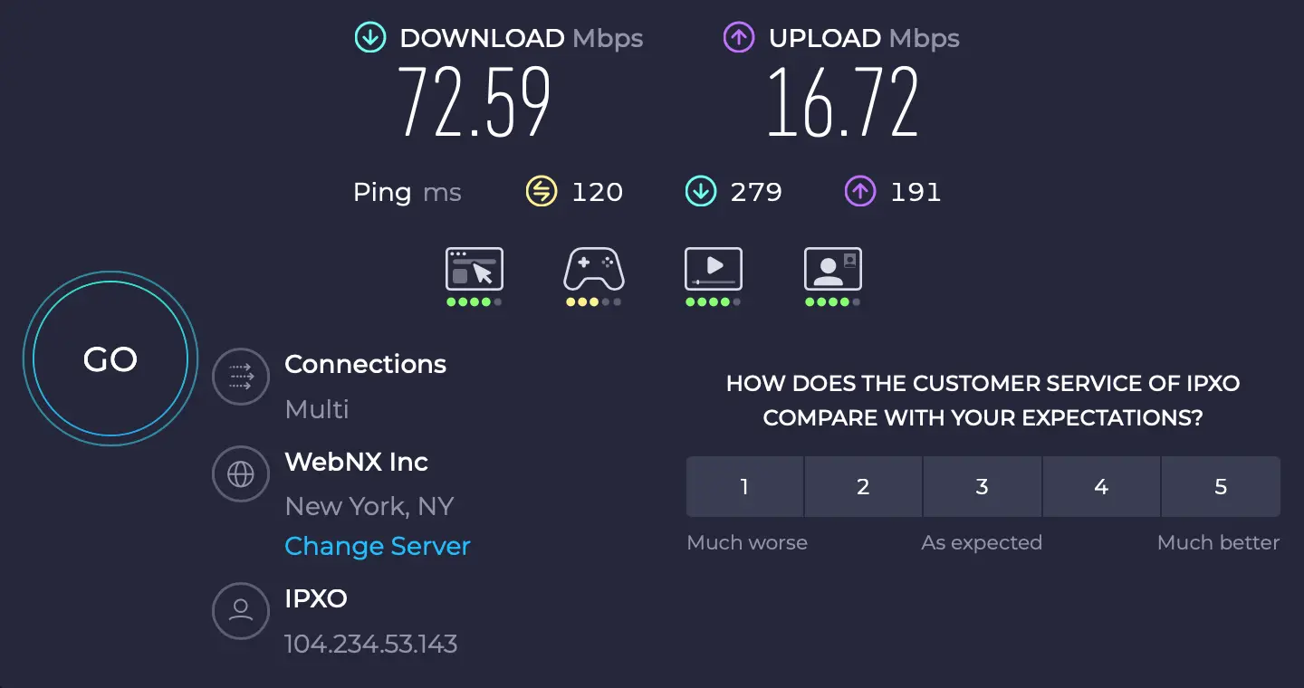 Server NewYork - ExpressVPN rychlost internetu | Venclíkovi.cz Speedtest ExpressVPN New York – download 72,59 Mbps, ping 120 ms