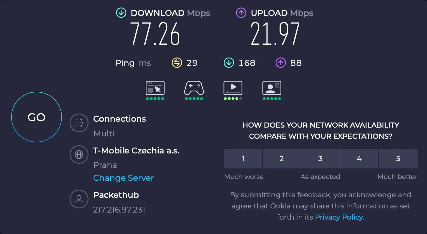 Speedtest na Frankfurtsky server s NordVPN | Venclíkovi.cz Speedtest připojení přes NordVPN na server ve Frankfurtu s rychlostí stahování 77,26 Mbps a odezvou 29 ms, ideální pro plynulé hraní Robloxu i streamování obsahu.