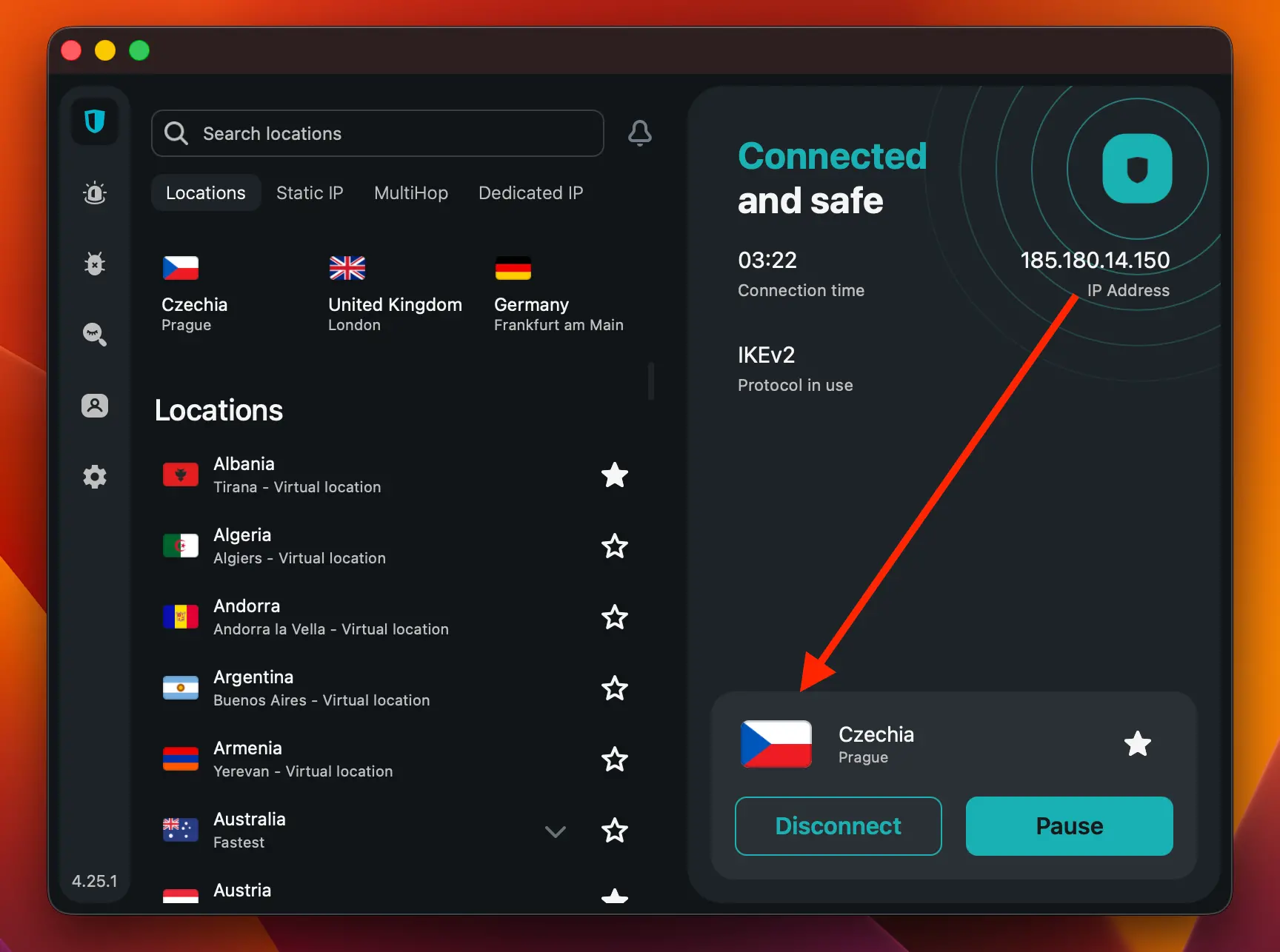 SurfShark VPN připojena k českému serveru pro spuštění Nova Sport 5 v zahraničí | Venclíkovi.cz Rozhraní Surfshark VPN zobrazující úspěšné šifrované připojení k českému serveru v Praze.